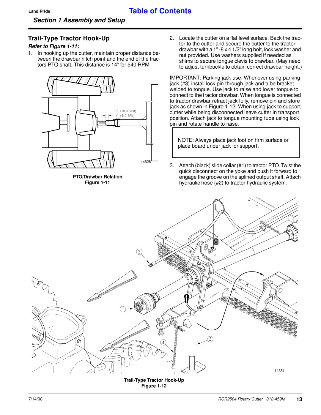 Land Pride RCR2584 manual Trail-Type Tractor Hook-Up, Table of Contents, Assembly and Setup, Refer to Figure 