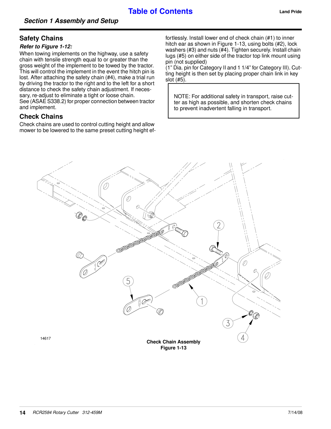 Land Pride RCR2584 manual Safety Chains, Check Chains, Table of Contents, Assembly and Setup, Refer to Figure 