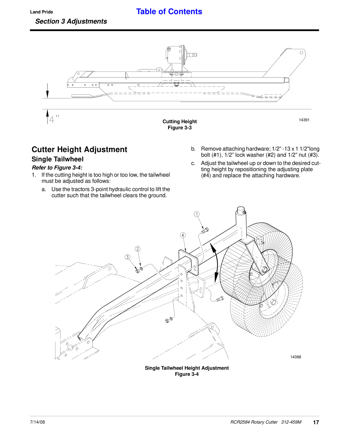 Land Pride RCR2584 manual Cutter Height Adjustment, Single Tailwheel, Table of Contents, Adjustments, Refer to Figure 