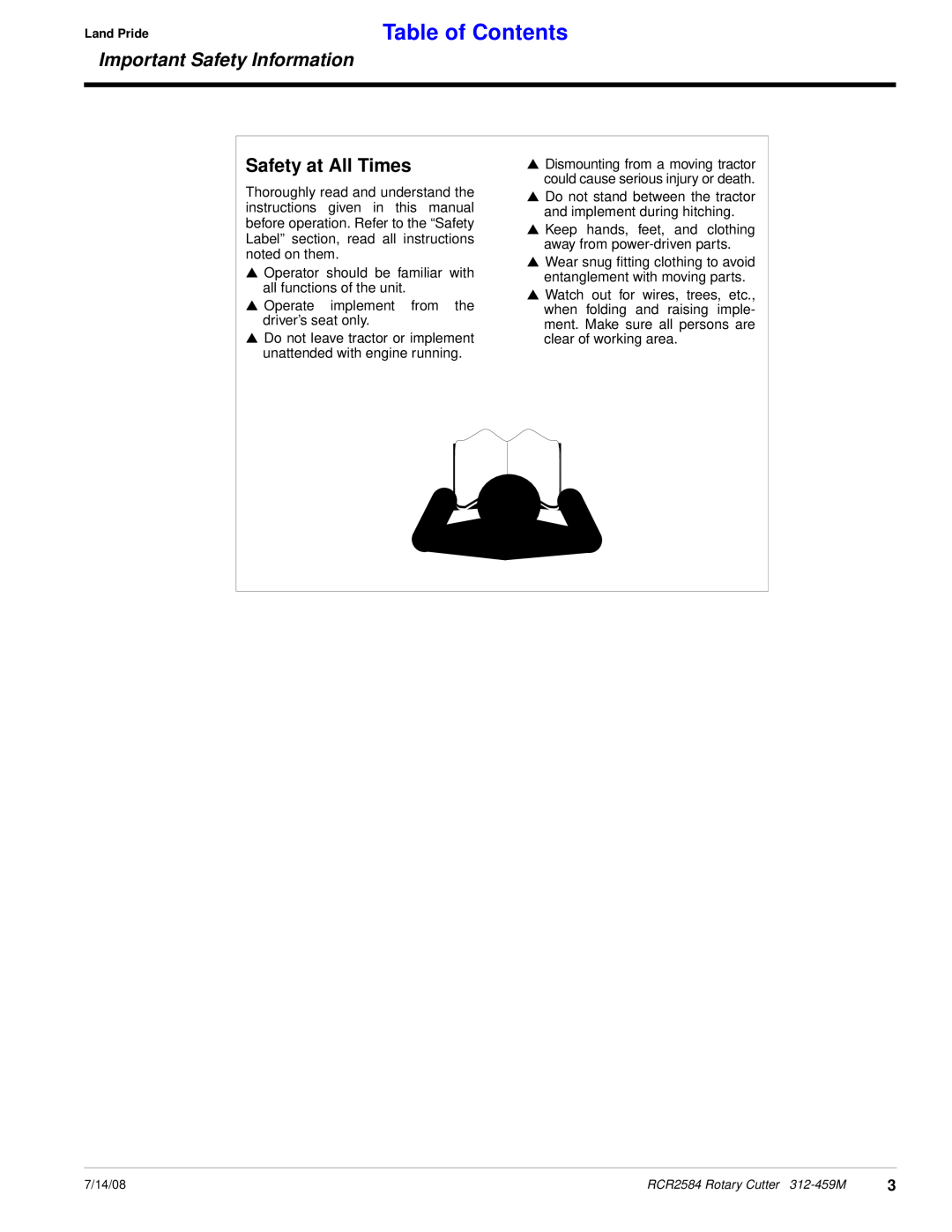 Land Pride RCR2584 manual Table of Contents, Safety at All Times, Important Safety Information 