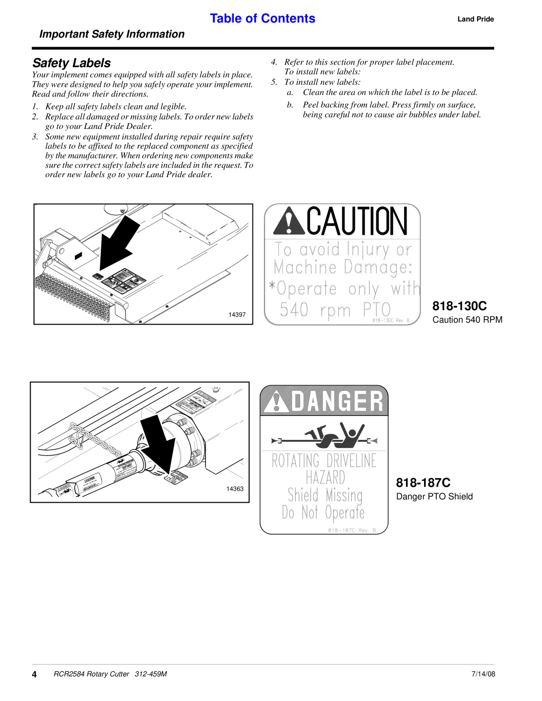 Land Pride RCR2584 818-130C, 818-187C, Keep all safety labels clean and legible, To install new labels, Table of Contents 
