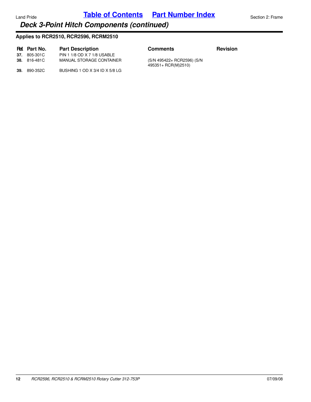 Land Pride RCR2596, RCRM2510, RCR2510 manual Manual Storage Container 