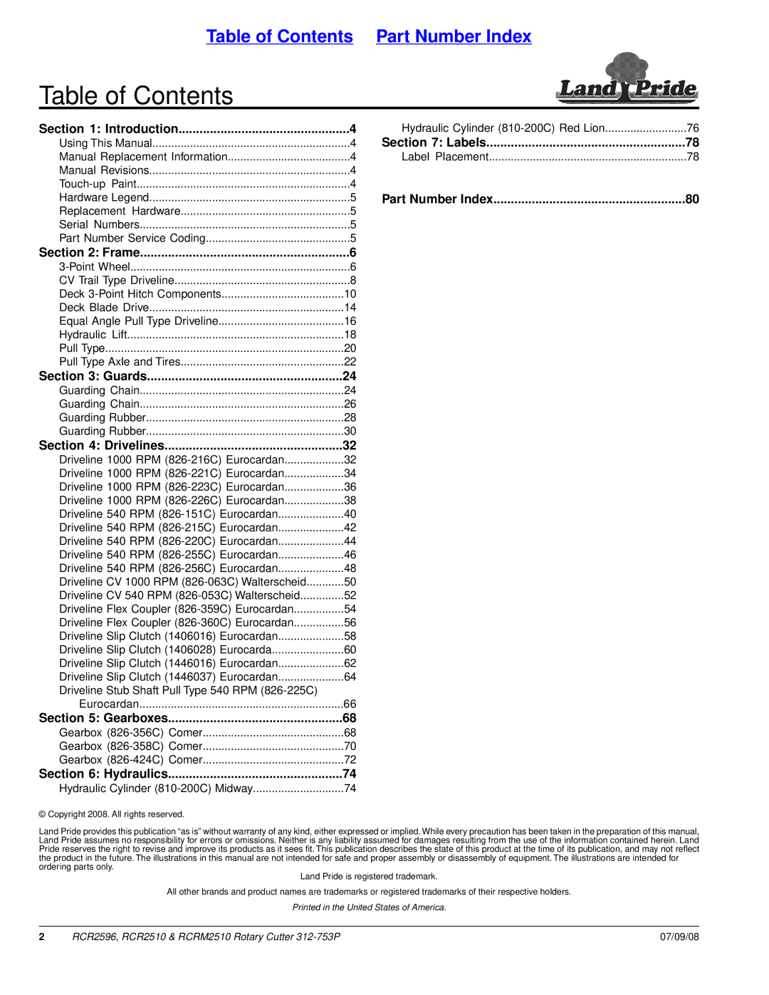 Land Pride RCR2510, RCR2596, RCRM2510 manual Table of Contents 