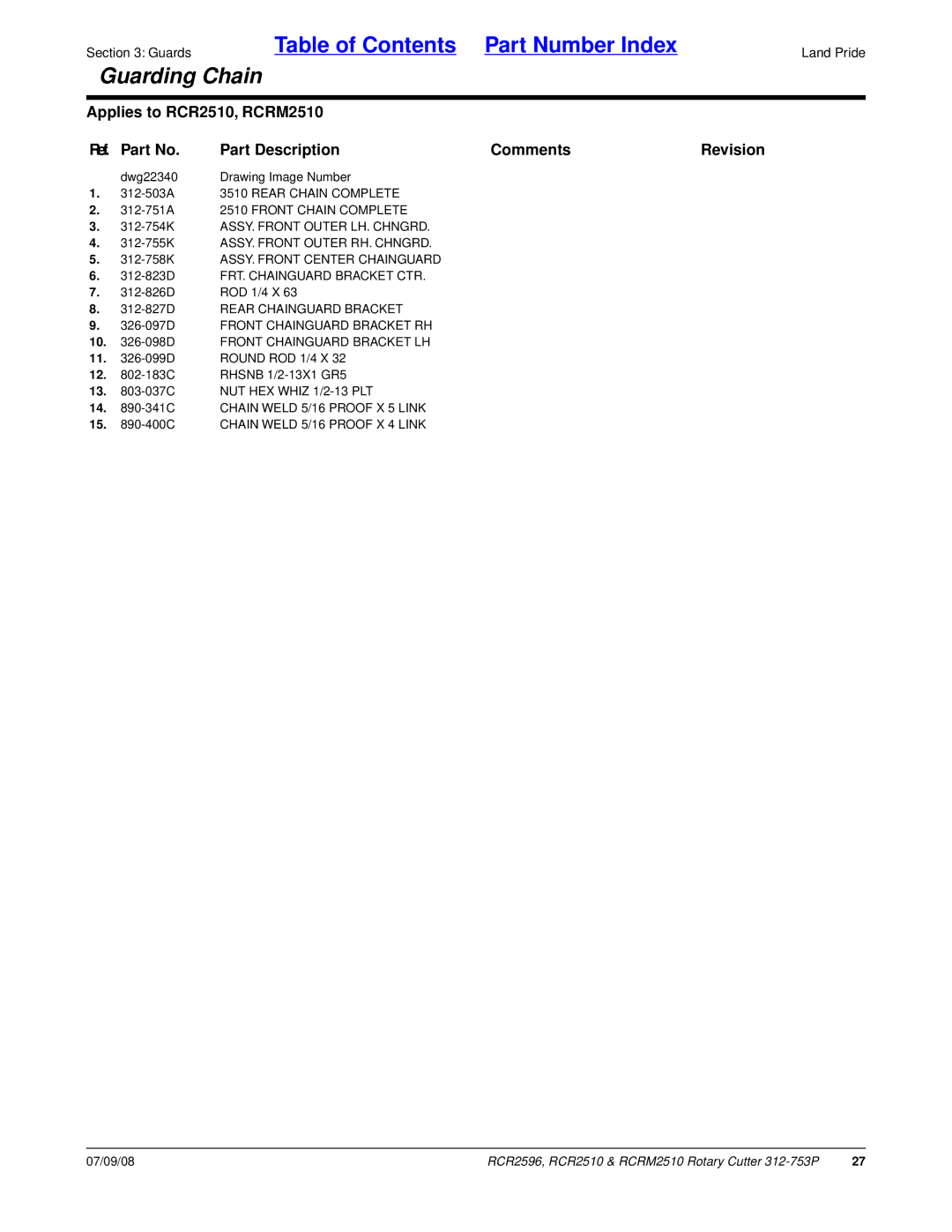 Land Pride RCR2596, RCRM2510, RCR2510 manual 312-751A 2510 Front Chain Complete 