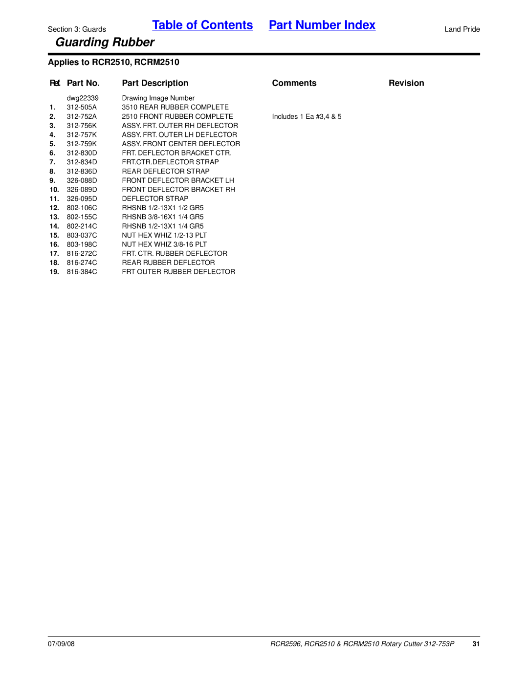 Land Pride RCRM2510, RCR2596, RCR2510 manual 312-505A 3510 Rear Rubber Complete 