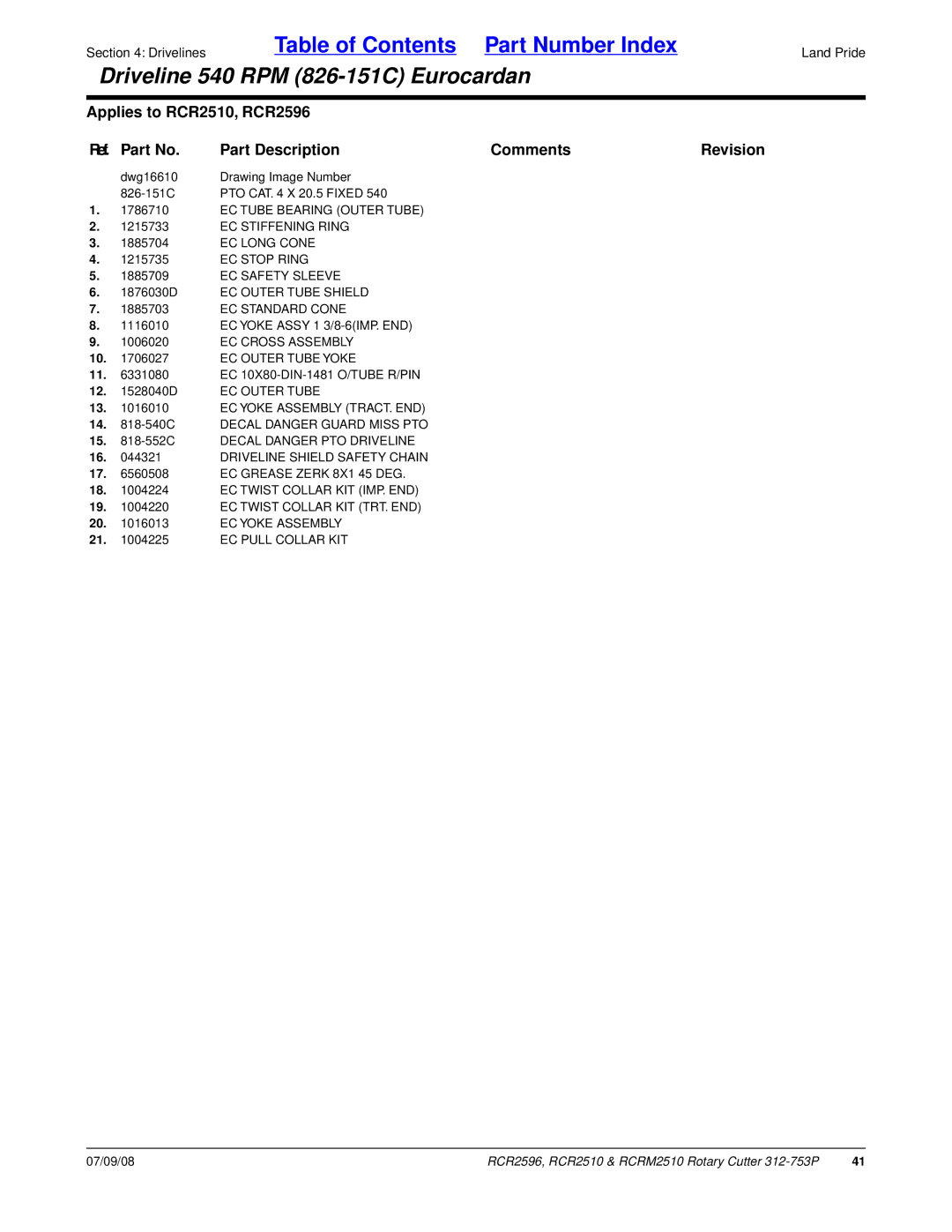 Land Pride RCR2510, RCR2596, RCRM2510 manual EC Safety Sleeve 1876030D EC Outer Tube Shield 