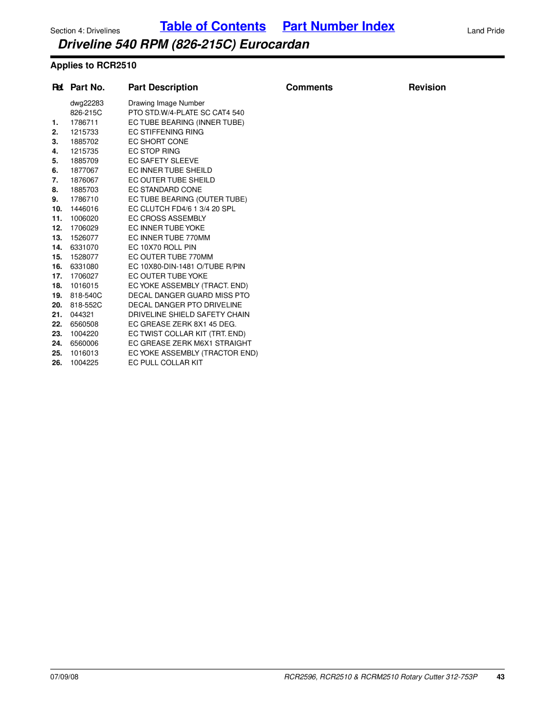 Land Pride RCRM2510, RCR2596, RCR2510 manual Dwg22283 Drawing Image Number 826-215C 