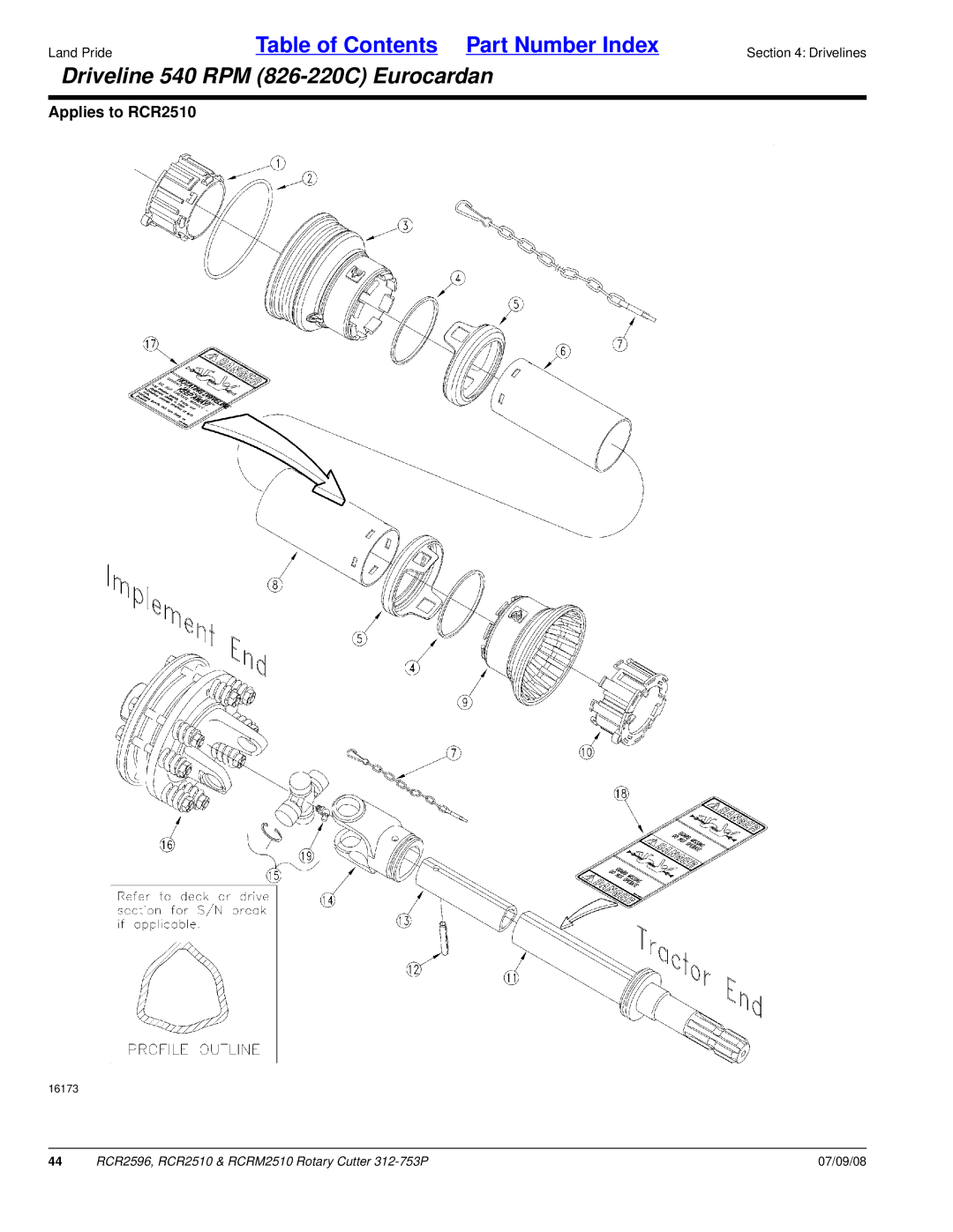 Land Pride RCR2510, RCR2596, RCRM2510 manual Driveline 540 RPM 826-220C Eurocardan 