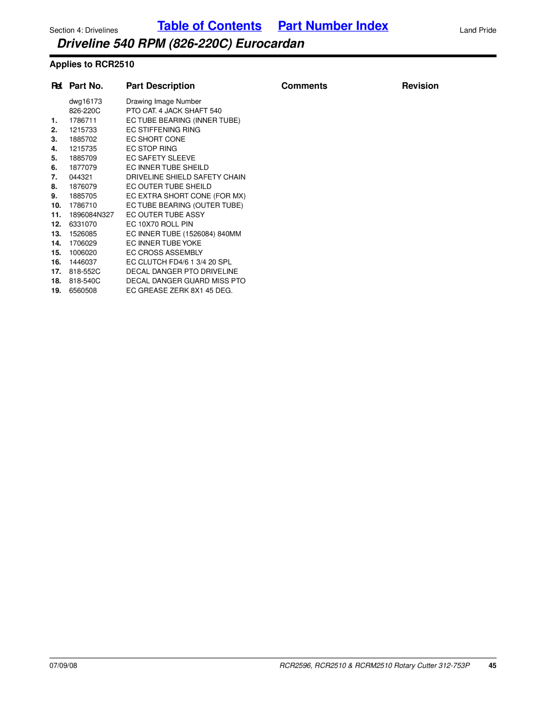 Land Pride RCR2596, RCRM2510, RCR2510 manual Dwg16173 Drawing Image Number 826-220C 