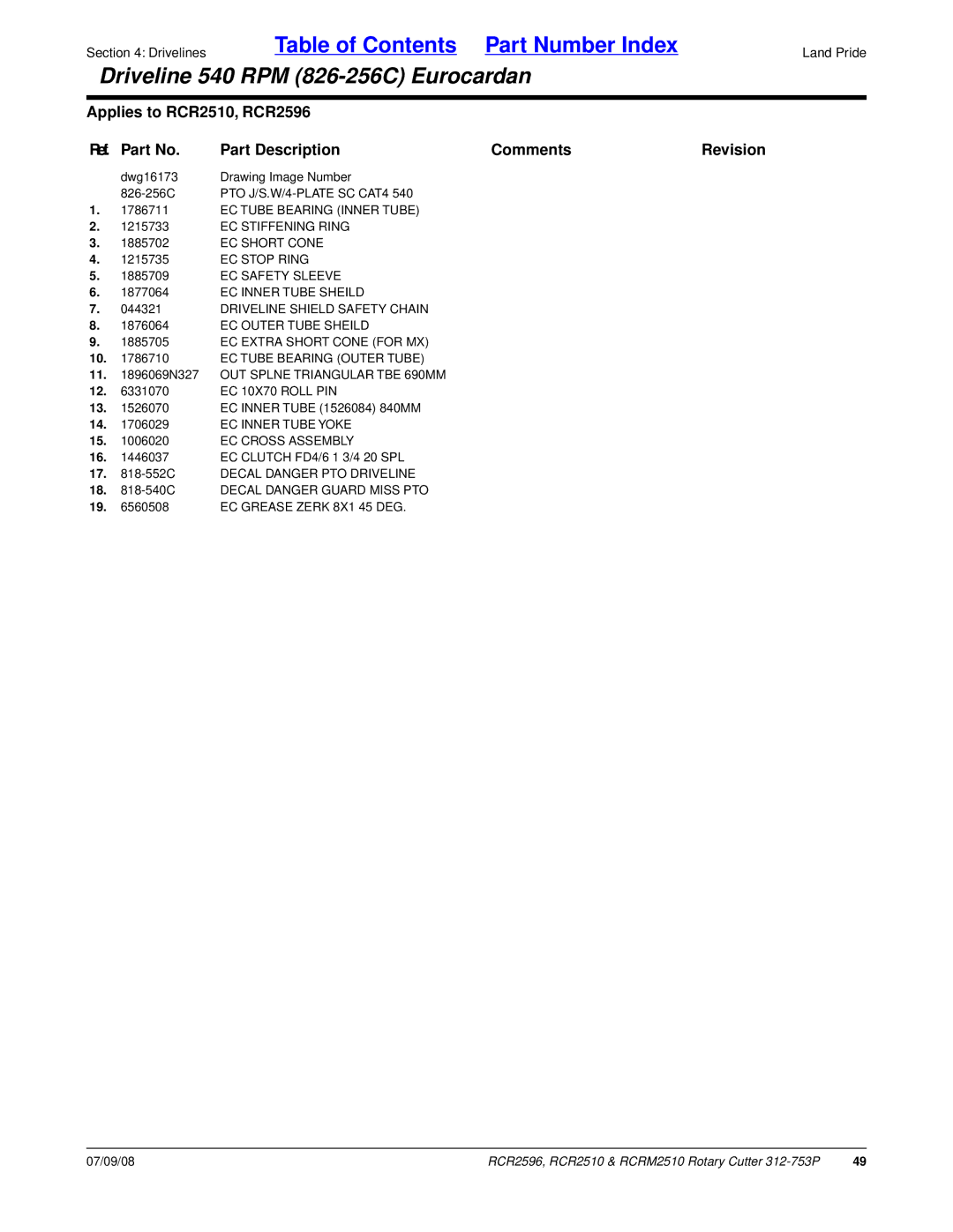 Land Pride RCRM2510, RCR2596, RCR2510 manual Dwg16173 Drawing Image Number 826-256C 