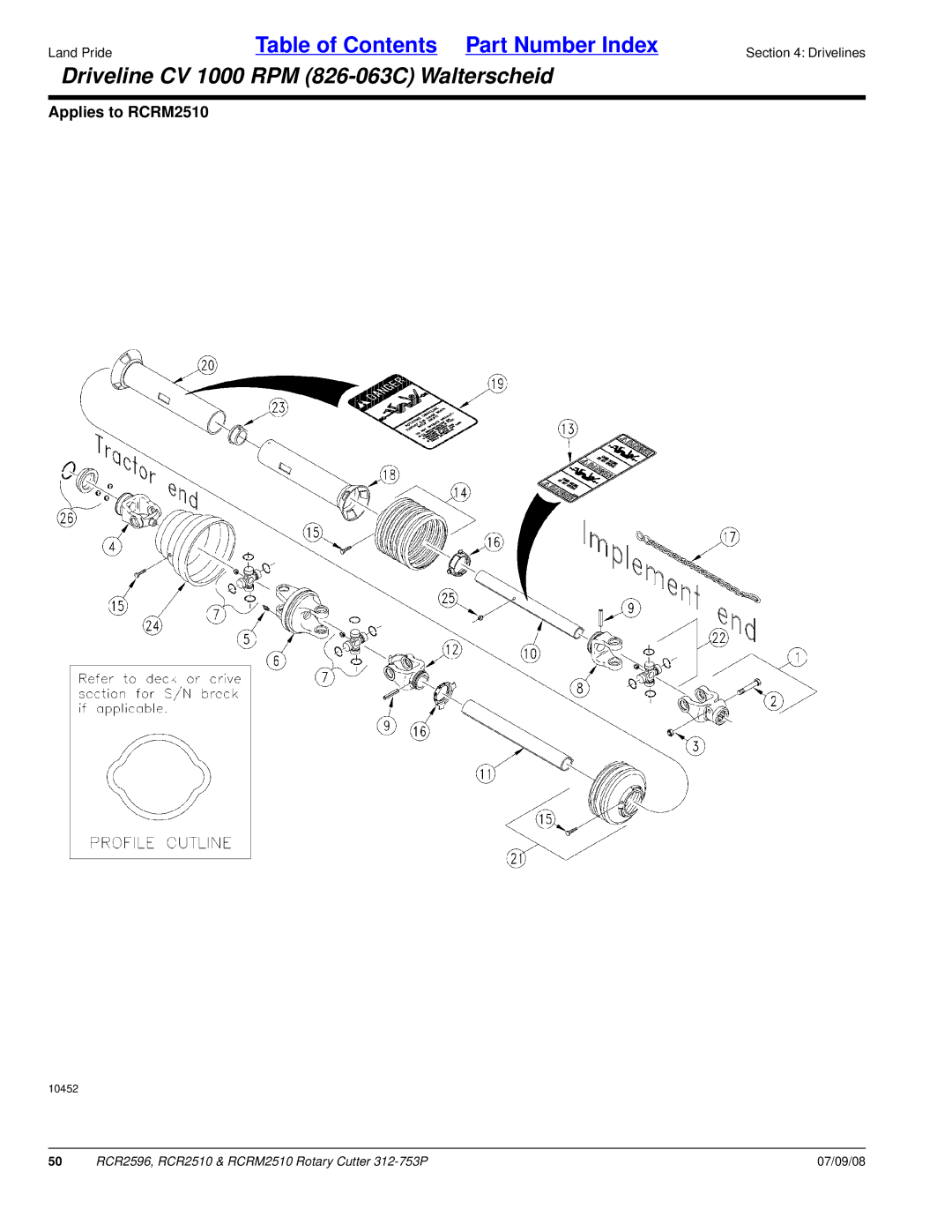 Land Pride RCR2510, RCR2596, RCRM2510 manual Driveline CV 1000 RPM 826-063C Walterscheid 