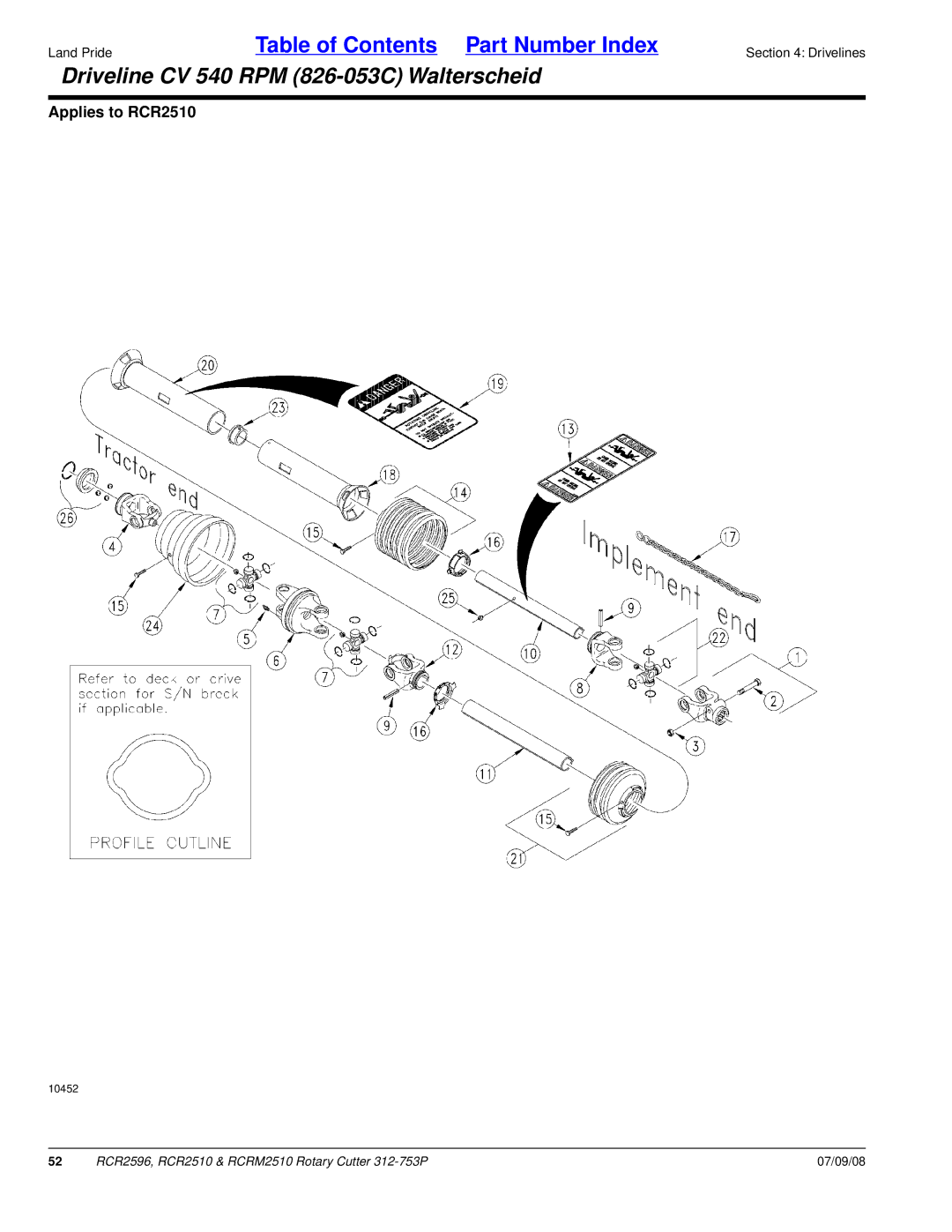 Land Pride RCRM2510, RCR2596, RCR2510 manual Driveline CV 540 RPM 826-053C Walterscheid 