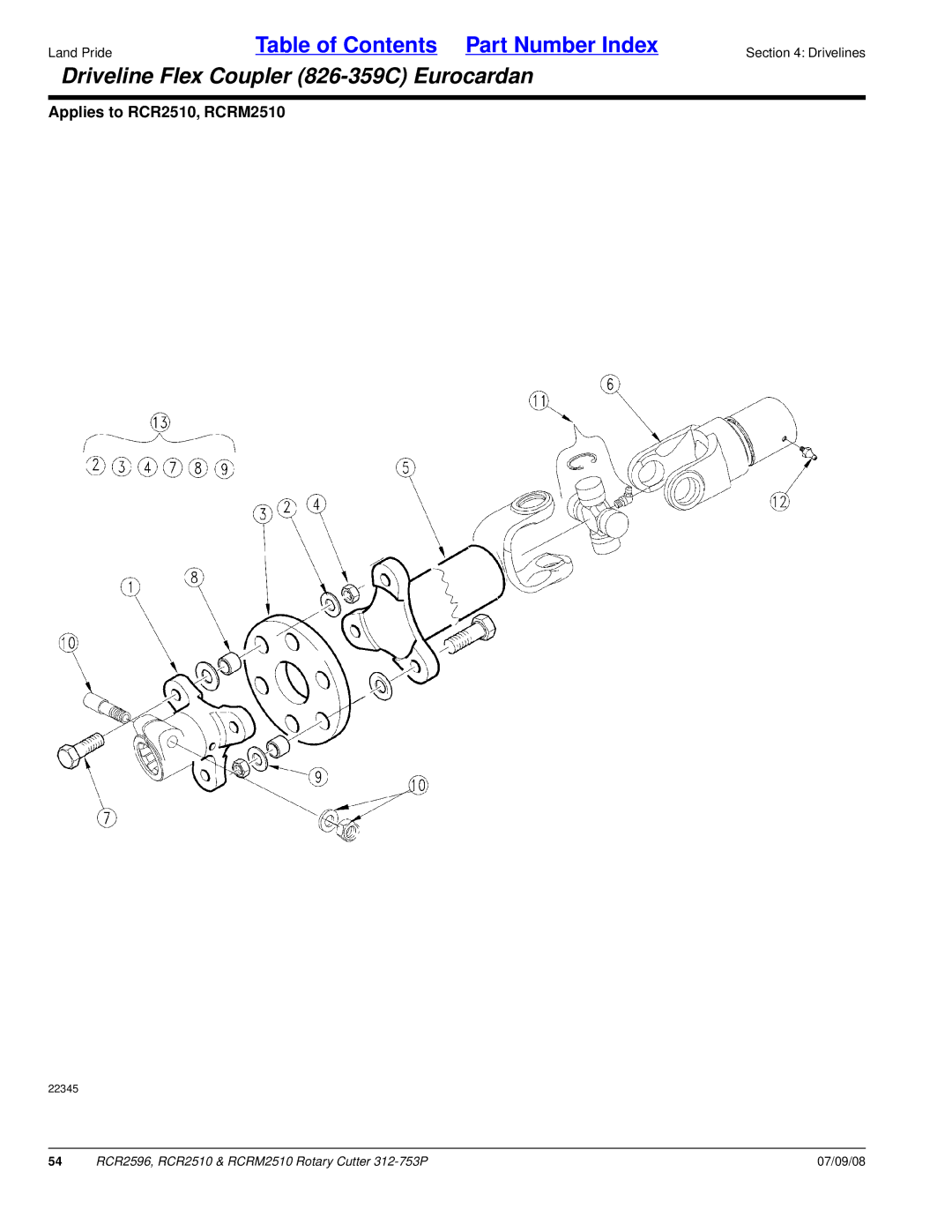 Land Pride RCR2596, RCRM2510, RCR2510 manual Driveline Flex Coupler 826-359C Eurocardan 