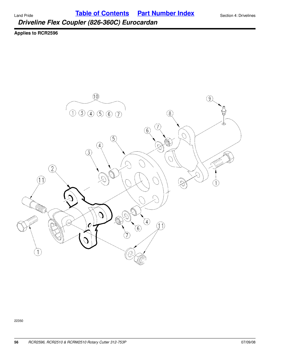 Land Pride RCR2510, RCR2596, RCRM2510 manual Driveline Flex Coupler 826-360C Eurocardan 