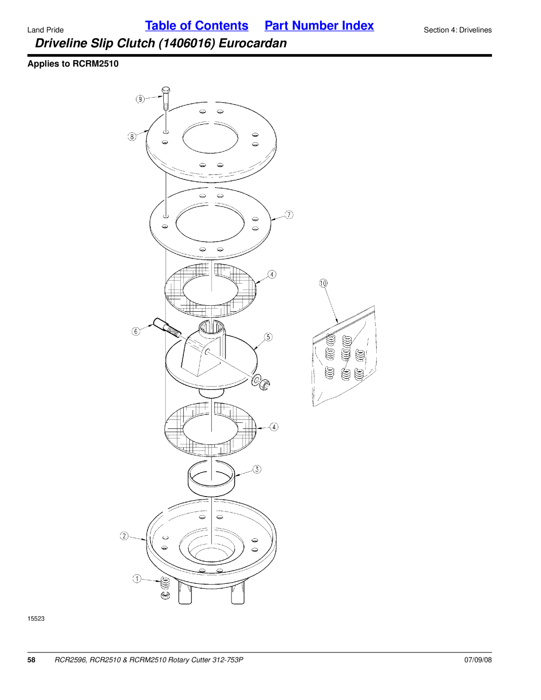 Land Pride RCRM2510, RCR2596, RCR2510 manual Driveline Slip Clutch 1406016 Eurocardan 