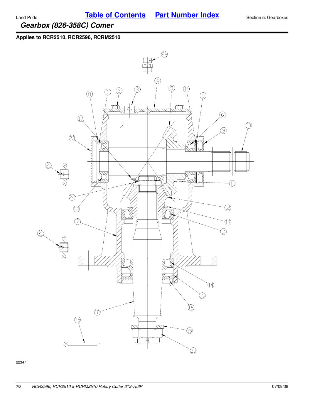 Land Pride RCRM2510, RCR2596, RCR2510 manual Gearbox 826-358C Comer 