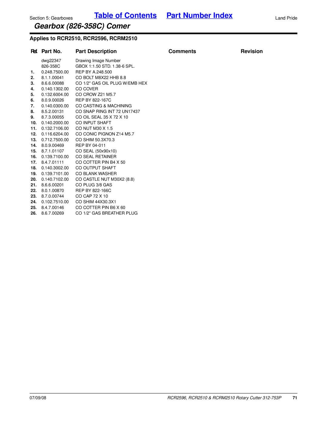 Land Pride RCR2510, RCR2596, RCRM2510 manual Gearbox 826-358C Comer 