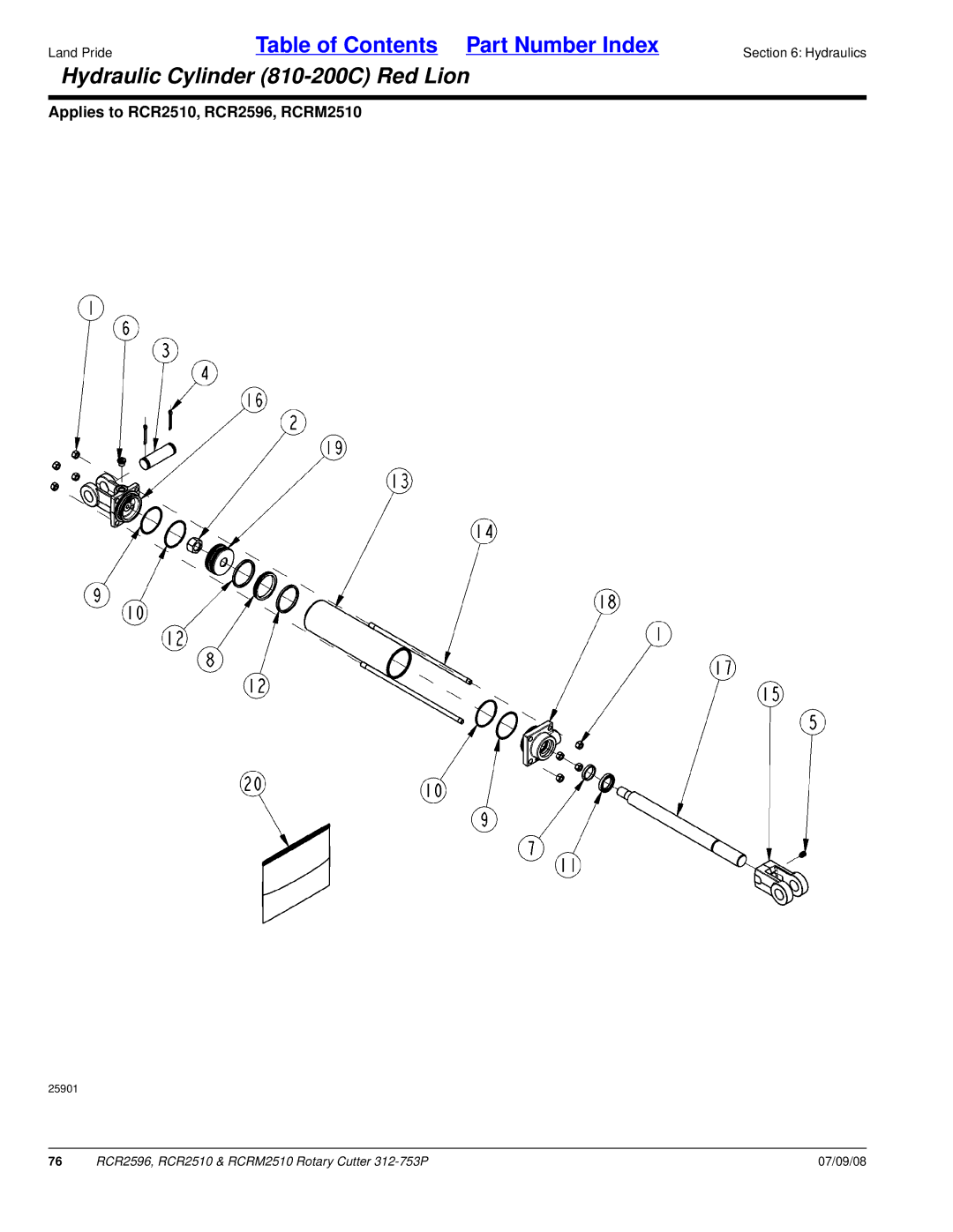 Land Pride RCRM2510, RCR2596, RCR2510 manual Hydraulic Cylinder 810-200C Red Lion 