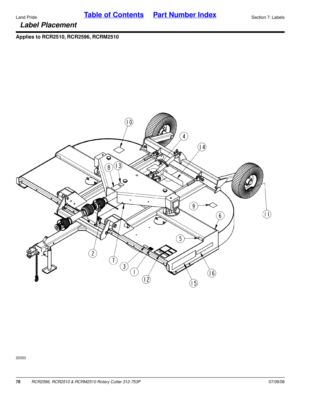 Land Pride RCR2596, RCRM2510, RCR2510 manual Label Placement 