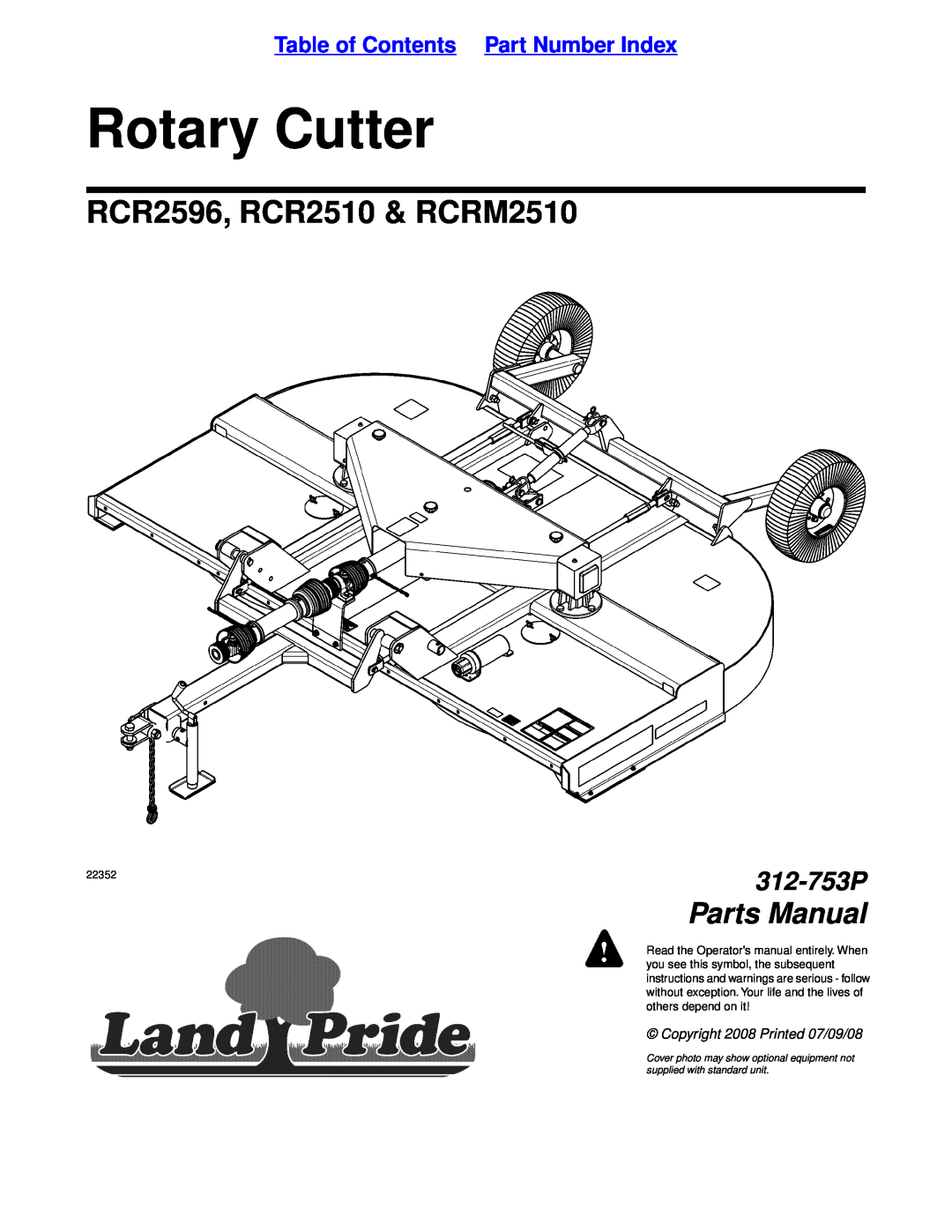 Land Pride manual Table of Contents Part Number Index, Rotary Cutter, RCR2596, RCR2510 & RCRM2510, Parts Manual 