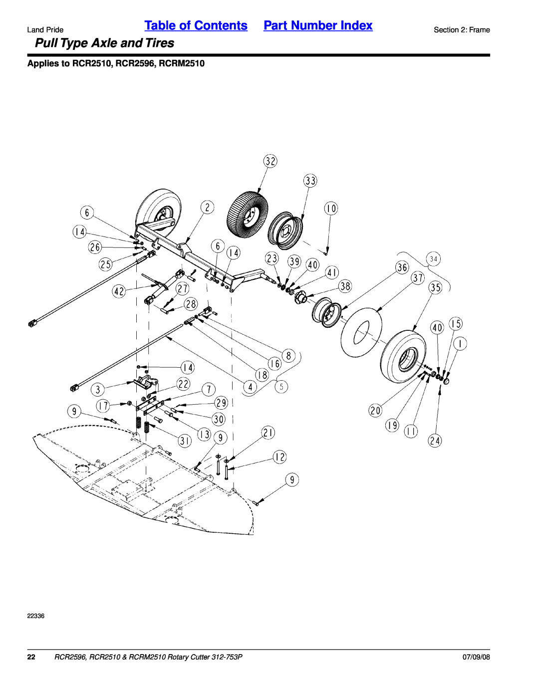 Land Pride manual Pull Type Axle and Tires, Table of Contents Part Number Index, Applies to RCR2510, RCR2596, RCRM2510 