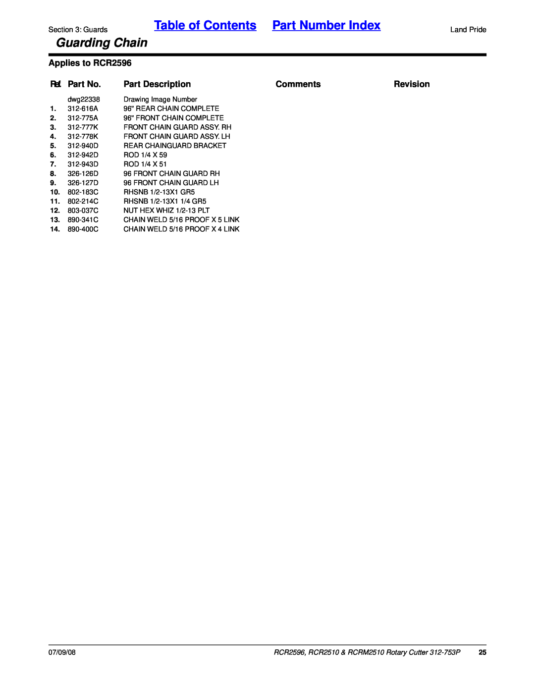Land Pride RCRM2510 manual Table of Contents Part Number Index, Guarding Chain, Applies to RCR2596, Ref. Part No, Comments 