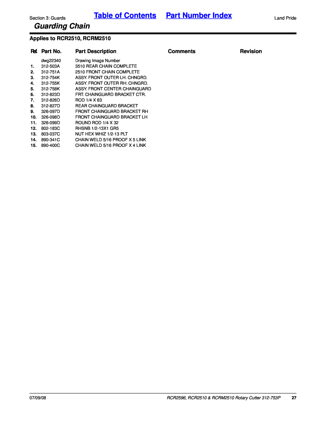 Land Pride RCR2596 manual Table of Contents Part Number Index, Guarding Chain, Applies to RCR2510, RCRM2510, Ref. Part No 