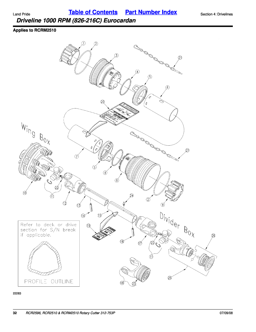 Land Pride RCR2510 manual Driveline 1000 RPM 826-216CEurocardan, Applies to RCRM2510, Table of Contents Part Number Index 