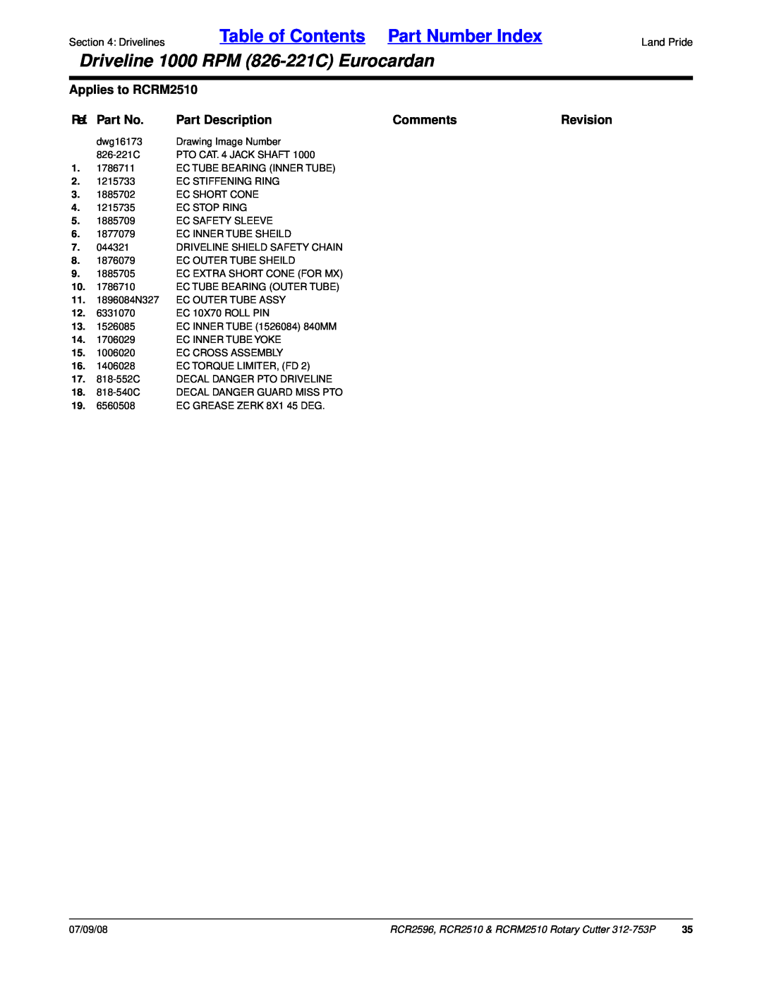 Land Pride RCR2510 manual Table of Contents Part Number Index, Driveline 1000 RPM 826-221CEurocardan, Applies to RCRM2510 