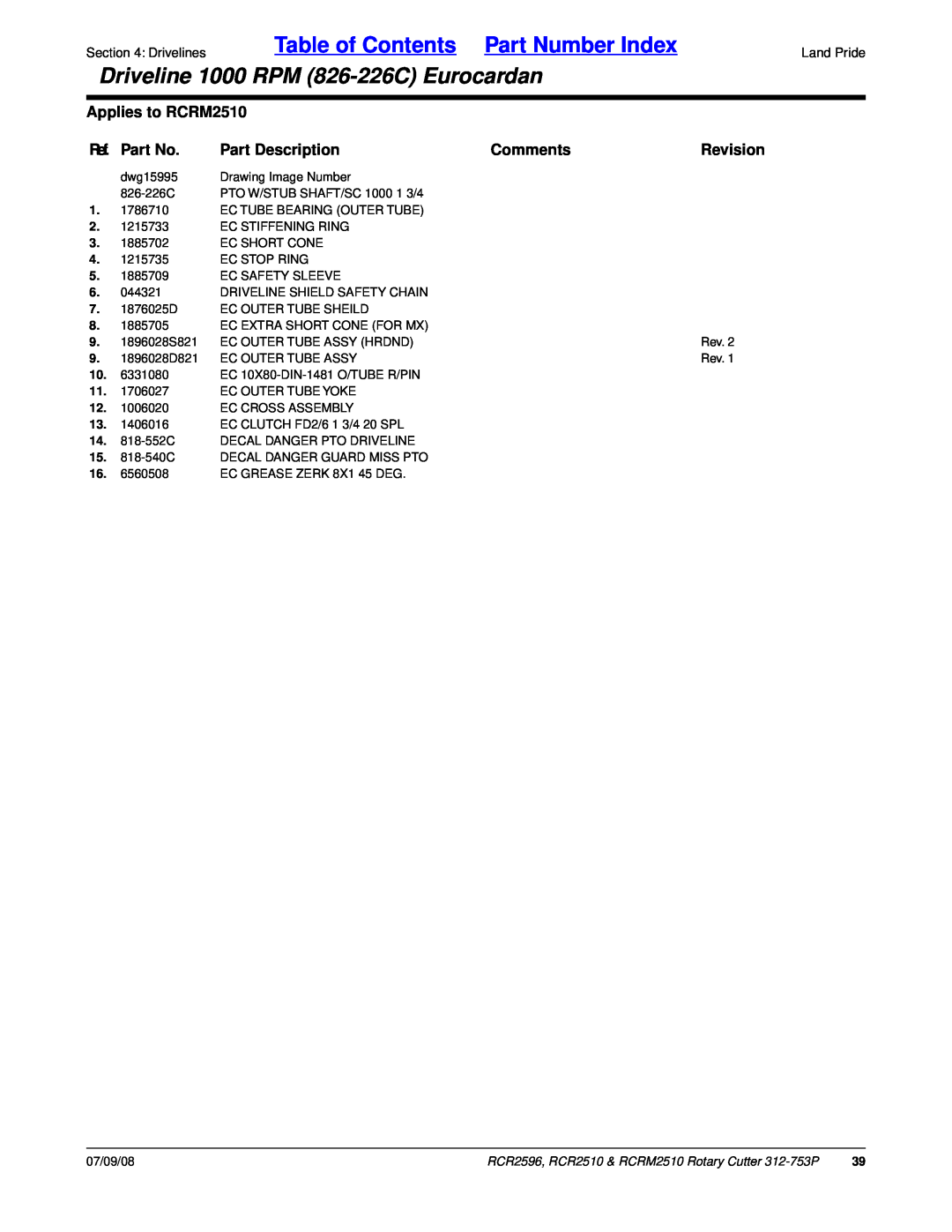 Land Pride RCR2596 manual Table of Contents Part Number Index, Driveline 1000 RPM 826-226CEurocardan, Applies to RCRM2510 