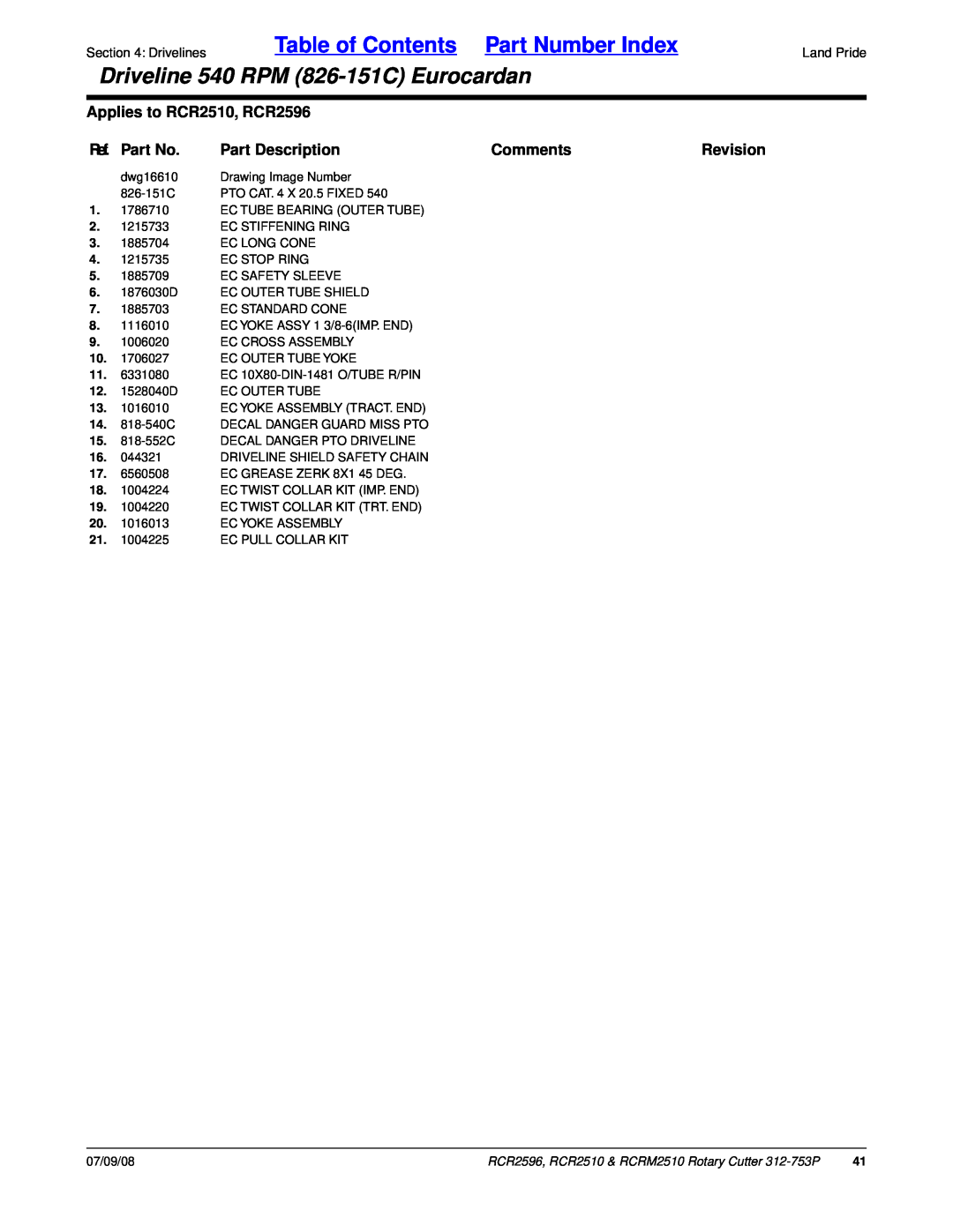 Land Pride manual Table of Contents Part Number Index, Driveline 540 RPM 826-151CEurocardan, Applies to RCR2510, RCR2596 