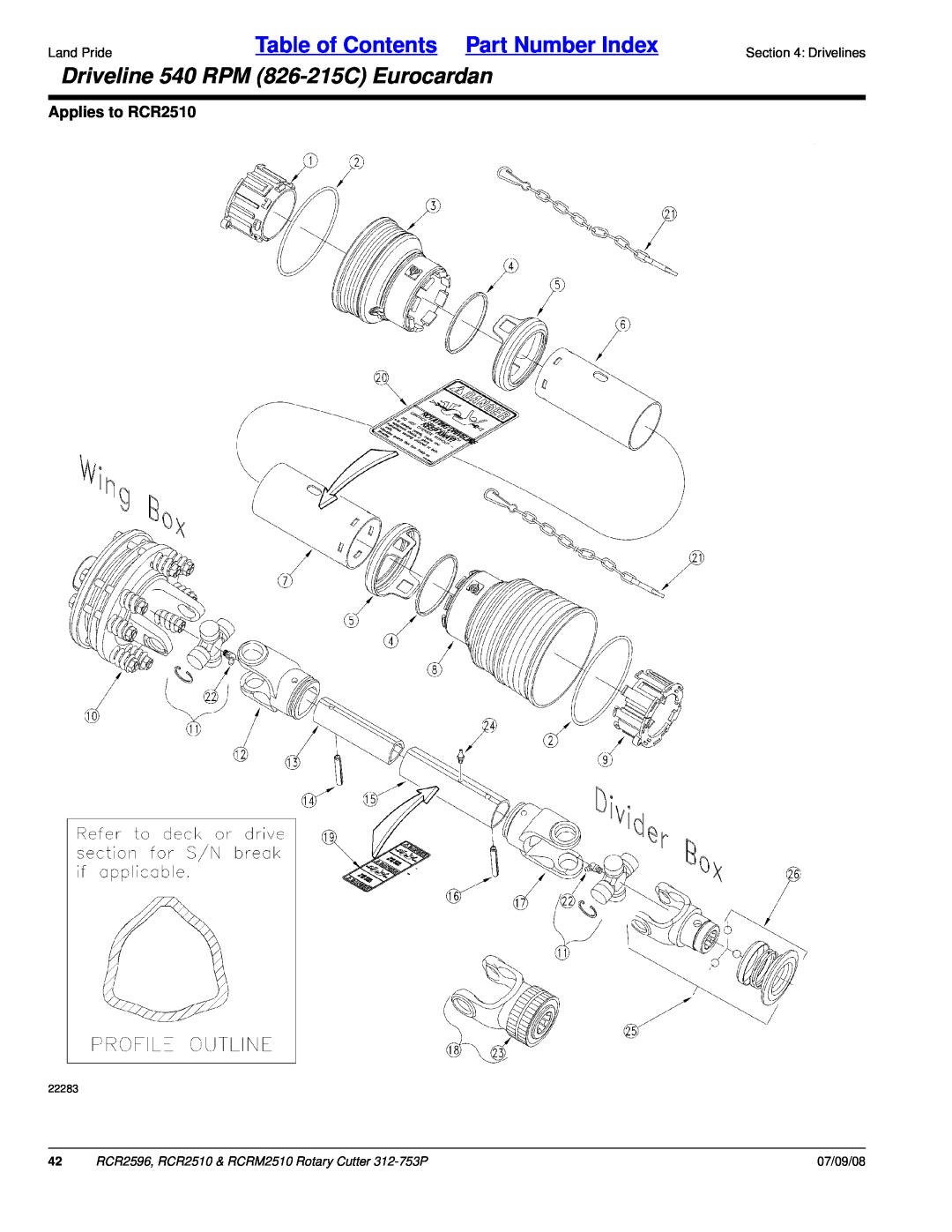 Land Pride RCR2596 Driveline 540 RPM 826-215CEurocardan, Applies to RCR2510, Table of Contents Part Number Index, 07/09/08 