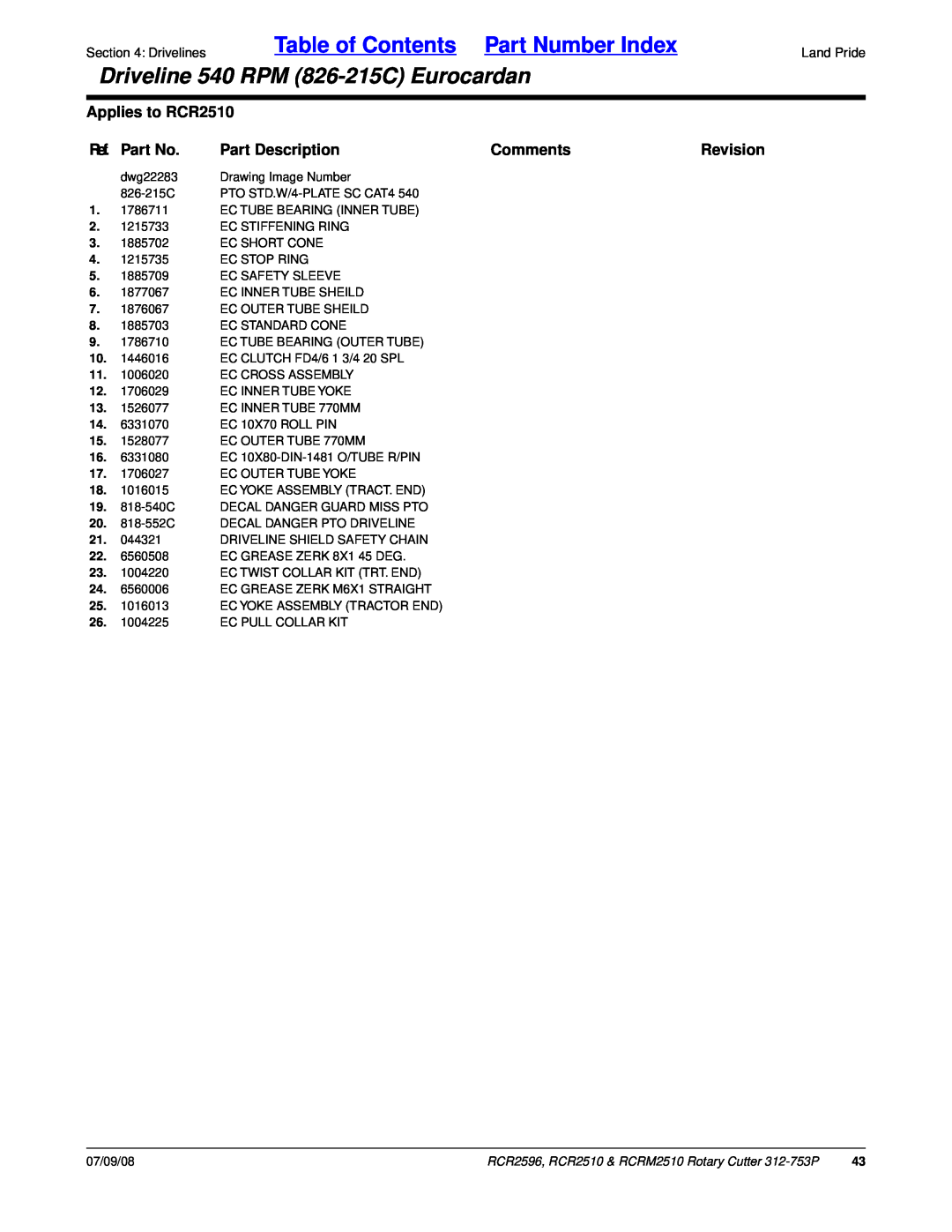 Land Pride RCRM2510, RCR2596 Table of Contents Part Number Index, Driveline 540 RPM 826-215CEurocardan, Applies to RCR2510 