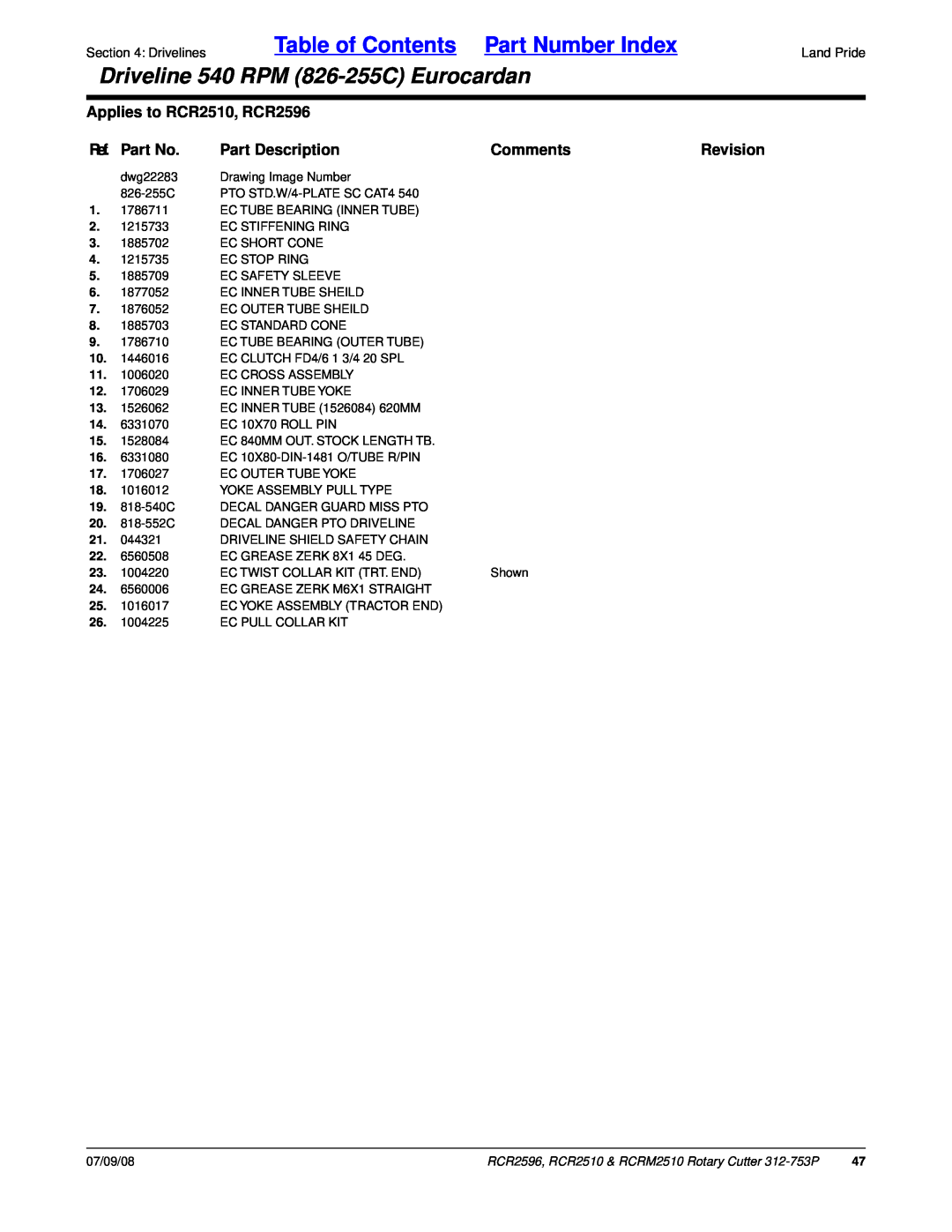 Land Pride manual Table of Contents Part Number Index, Driveline 540 RPM 826-255CEurocardan, Applies to RCR2510, RCR2596 