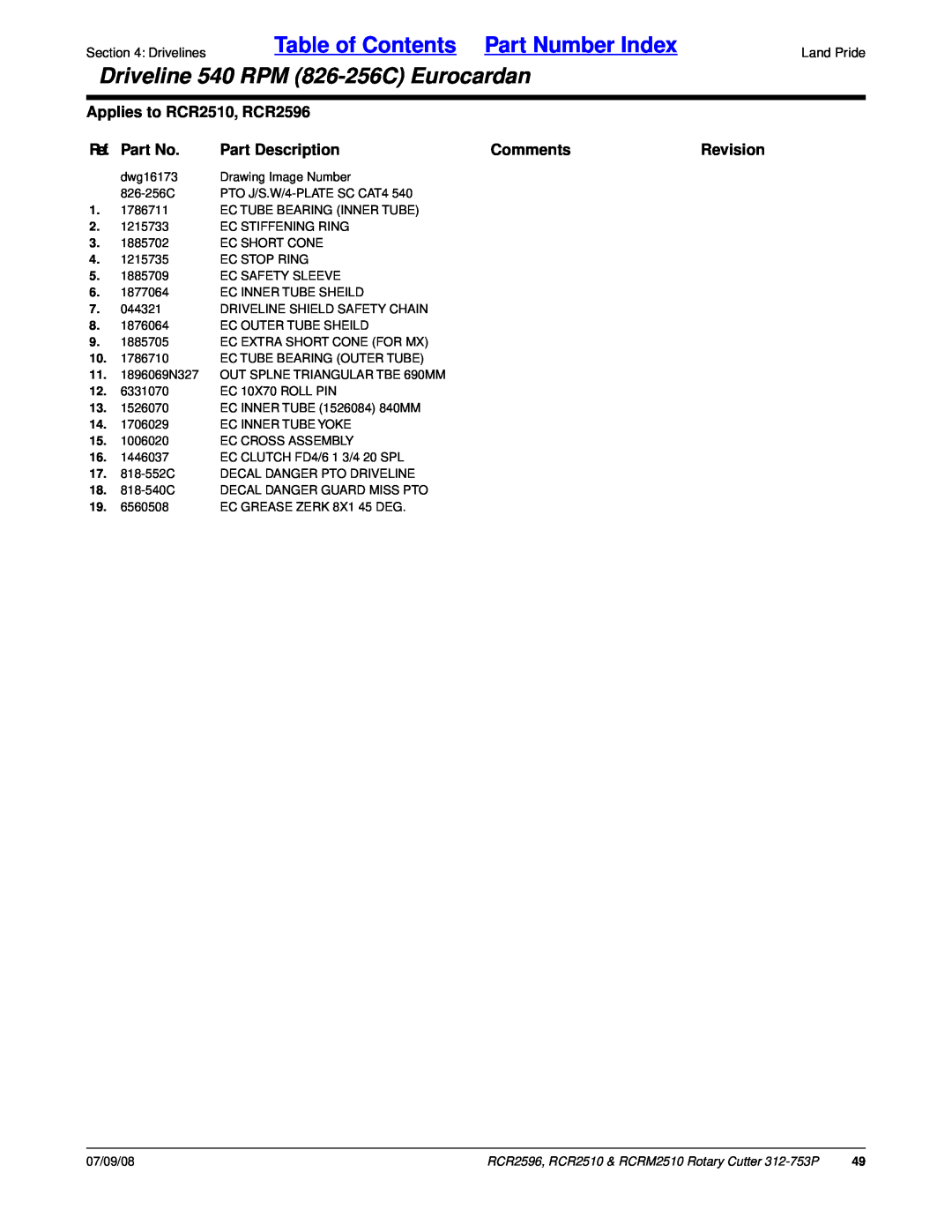 Land Pride RCRM2510 Table of Contents Part Number Index, Driveline 540 RPM 826-256CEurocardan, Applies to RCR2510, RCR2596 