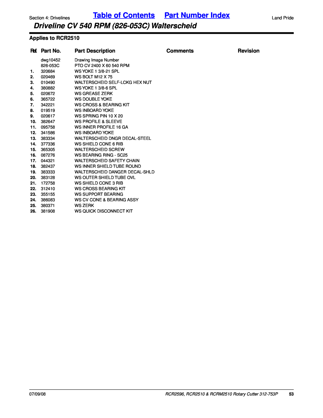 Land Pride Table of Contents Part Number Index, Driveline CV 540 RPM 826-053CWalterscheid, Applies to RCR2510, Comments 