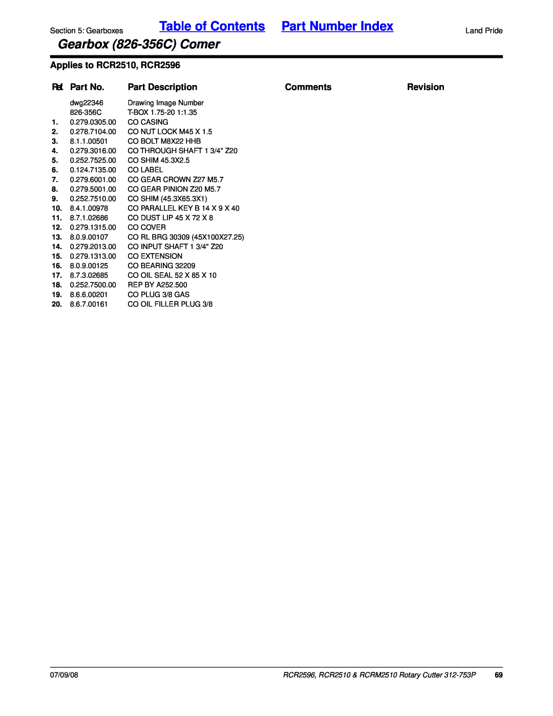 Land Pride manual Table of Contents Part Number Index, Gearbox 826-356CComer, Applies to RCR2510, RCR2596, Ref. Part No 