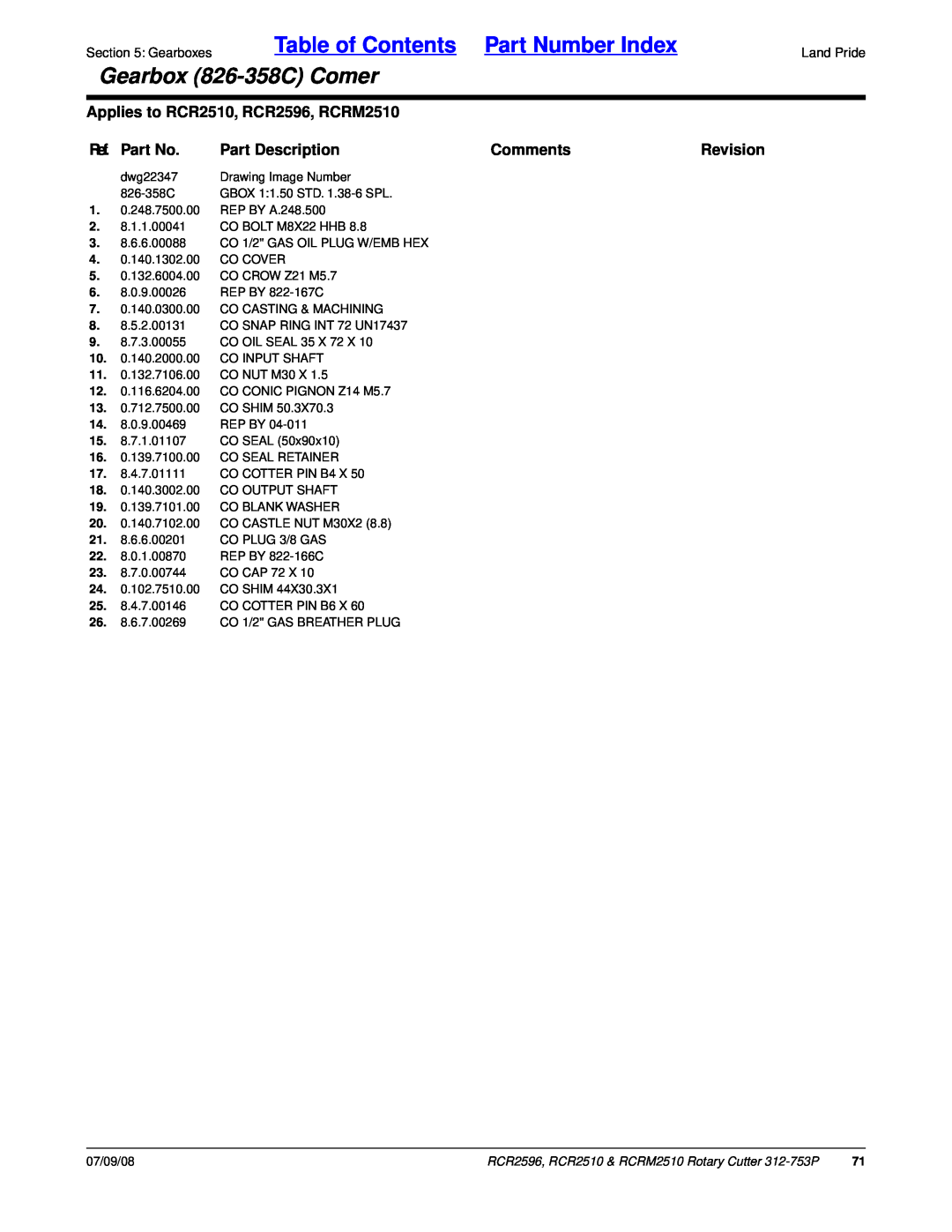 Land Pride Table of Contents Part Number Index, Gearbox 826-358CComer, Applies to RCR2510, RCR2596, RCRM2510, Comments 