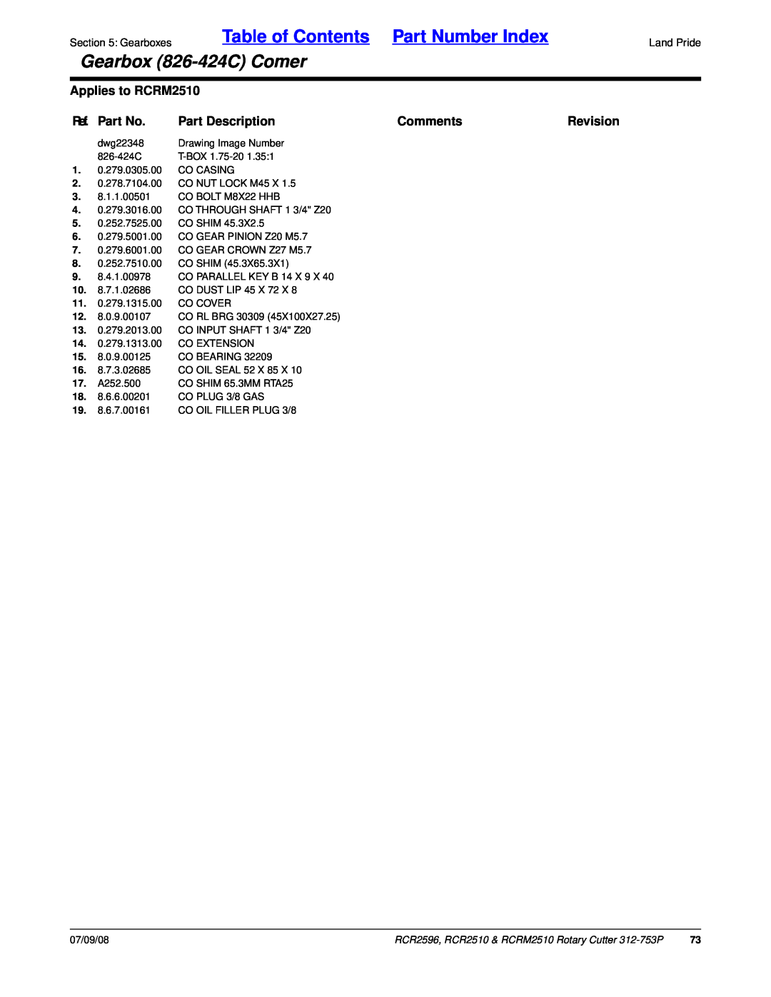 Land Pride Table of Contents Part Number Index, Gearbox 826-424CComer, Applies to RCRM2510, Ref. Part No, Comments 