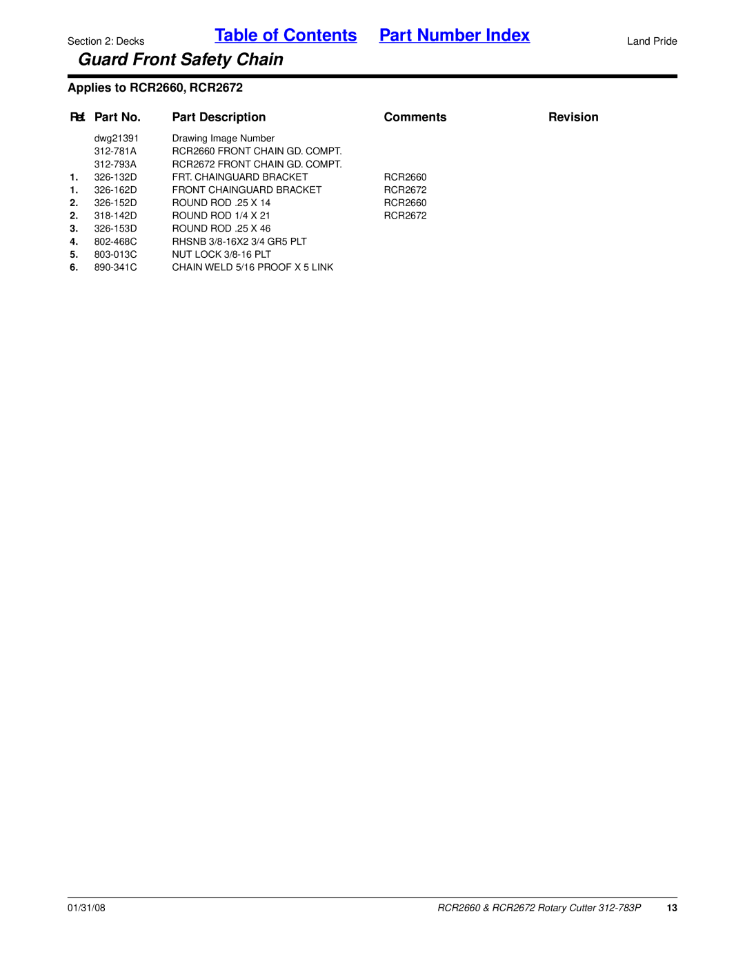 Land Pride manual RCR2660 Front Chain GD. Compt, RCR2672 Front Chain GD. Compt, FRT. Chainguard Bracket 