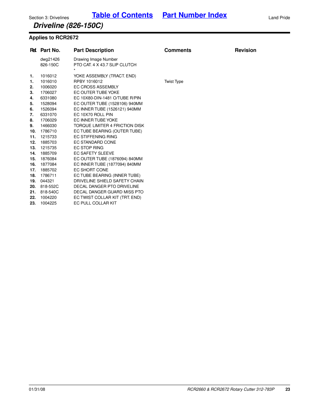 Land Pride RCR2660, RCR2672 manual Dwg21426 Drawing Image Number 826-150C 