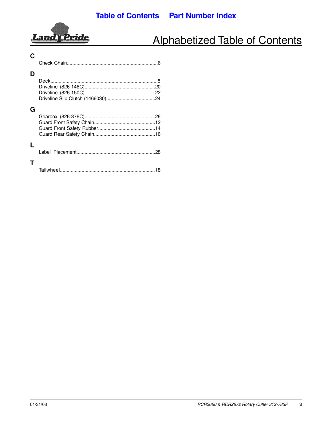 Land Pride RCR2660, RCR2672 manual Alphabetized Table of Contents 