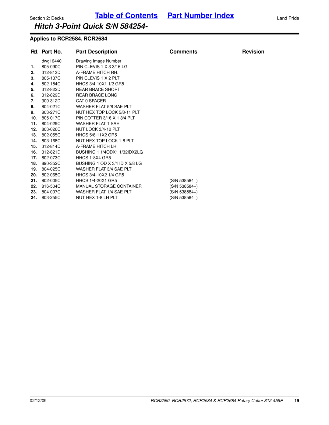 Land Pride RCR2560, RCR2684, RCR2584 312-822D Rear Brace Short 312-829D Rear Brace Long, CAT 0 Spacer, NUT HEX 1-8 LH PLT 