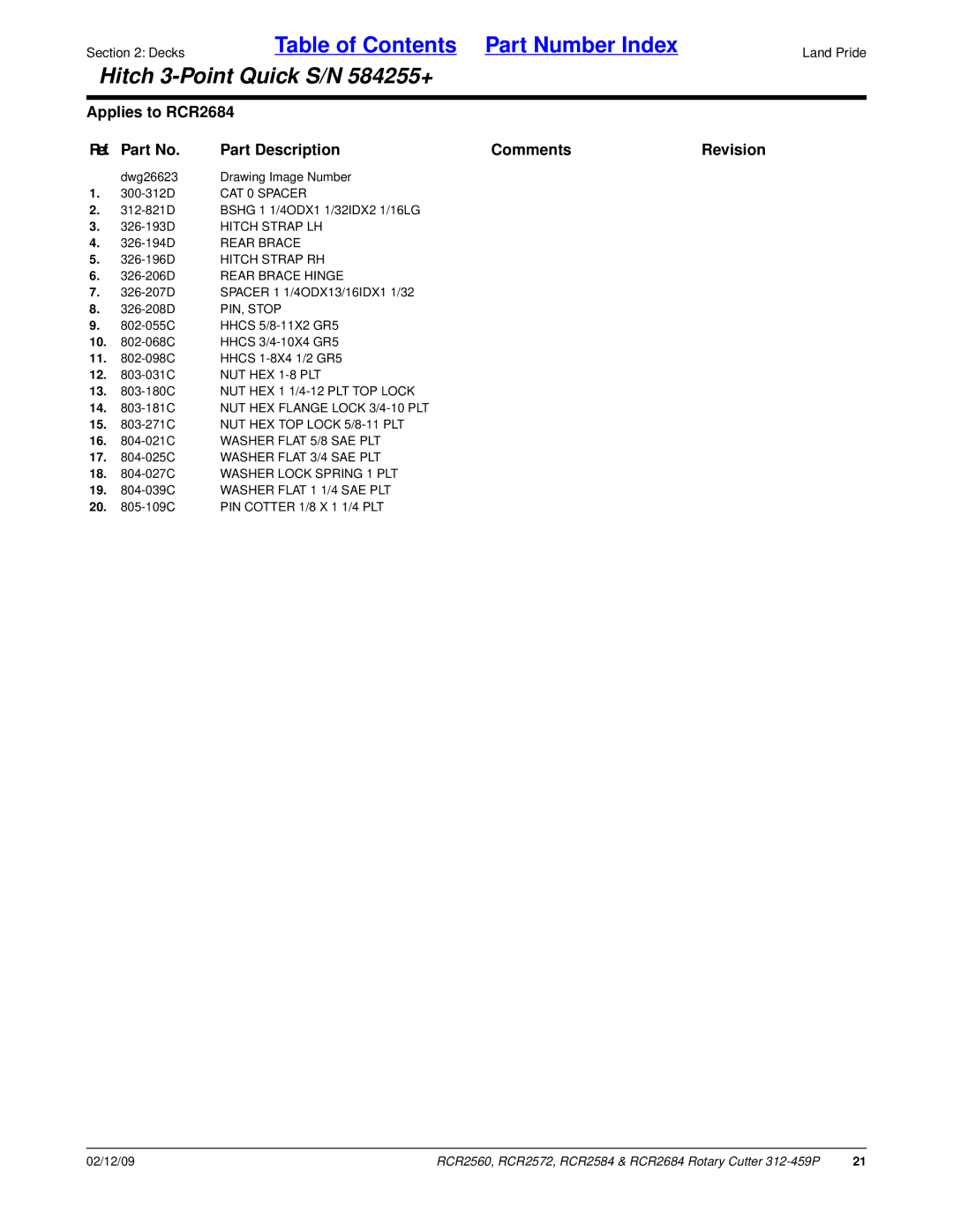 Land Pride RCR2584, RCR2684, RCR2572, RCR2560 326-206D Rear Brace Hinge, PIN, Stop, 18 -027C Washer Lock Spring 1 PLT 