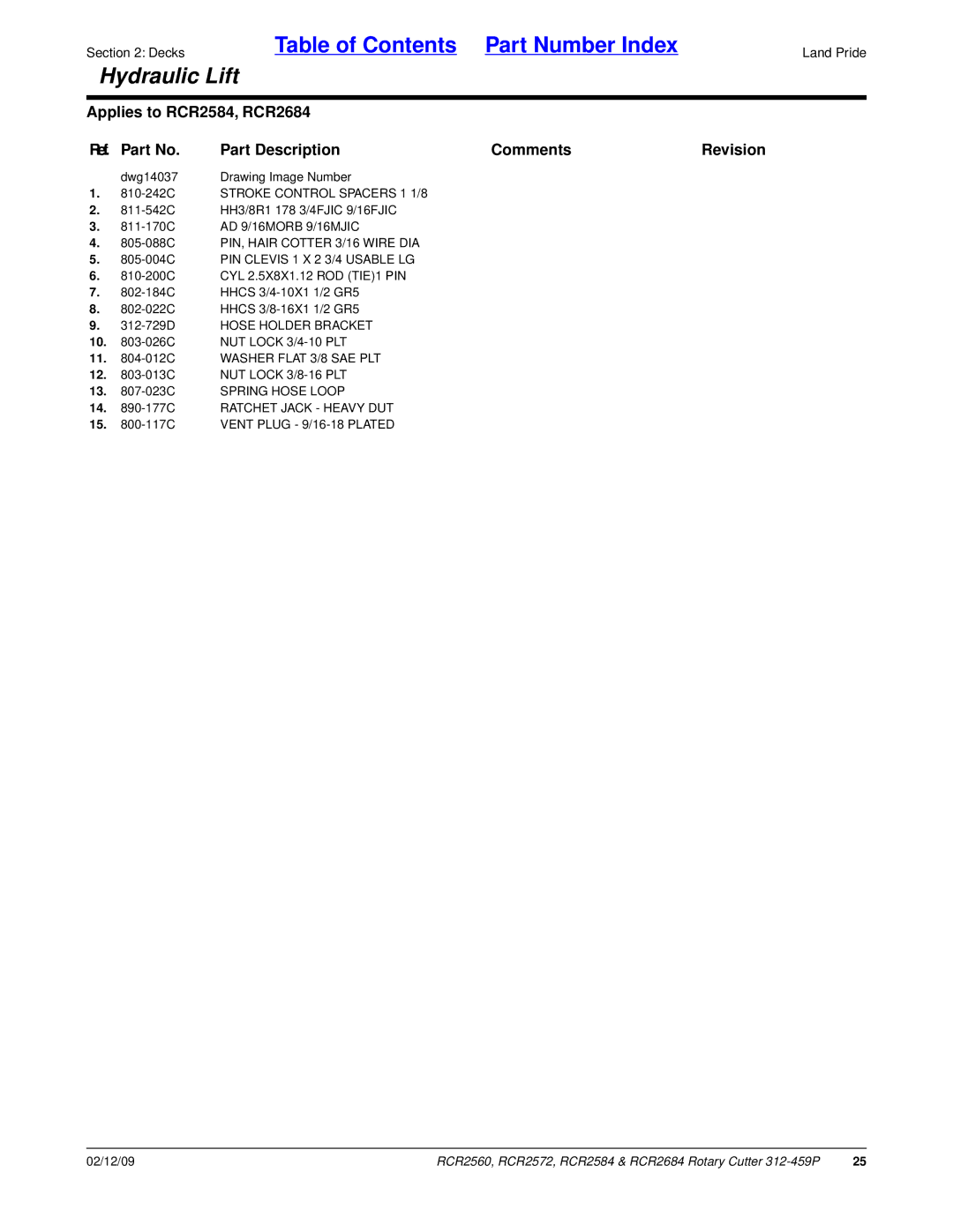 Land Pride RCR2584, RCR2684, RCR2572, RCR2560 manual 810-242C Stroke Control Spacers 1 1/8, 312-729D Hose Holder Bracket 