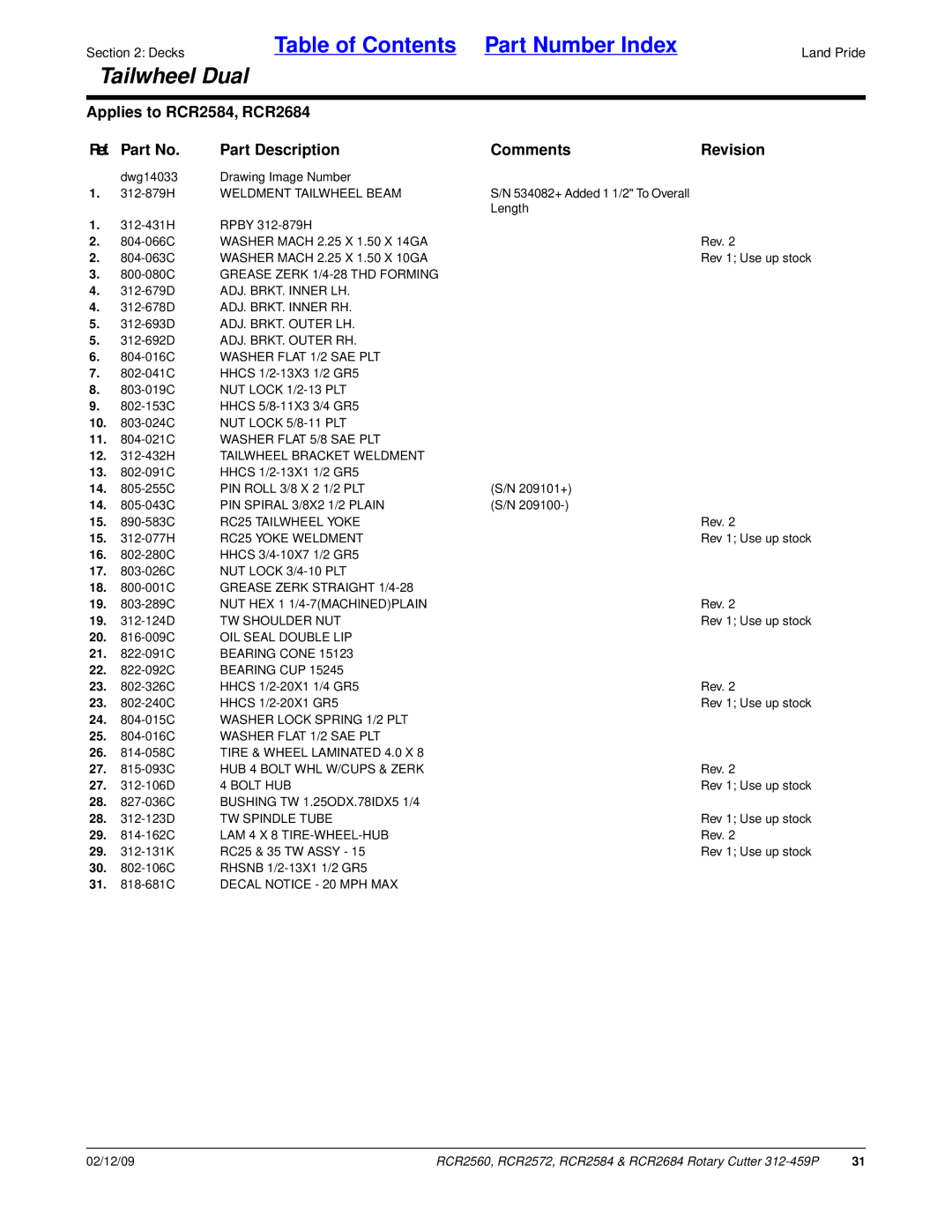 Land Pride RCR2560, RCR2684 Weldment Tailwheel Beam, 12 -432H Tailwheel Bracket Weldment, 20 -009C OIL Seal Double LIP 