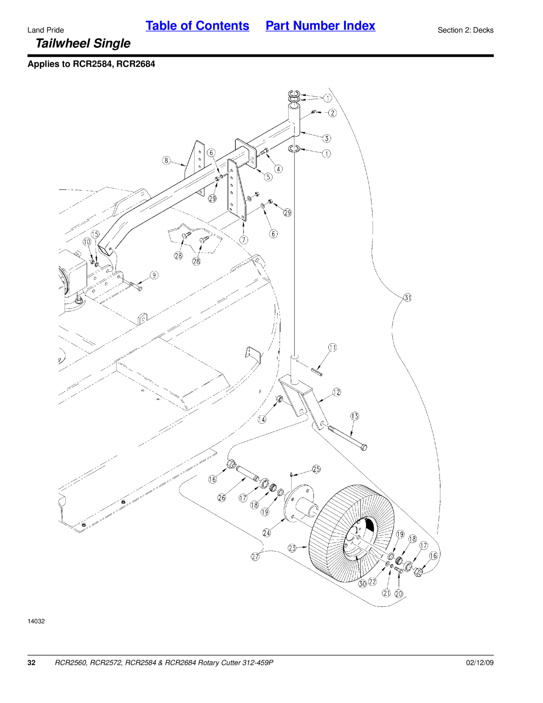 Land Pride RCR2684, RCR2584, RCR2572, RCR2560 manual Tailwheel Single 