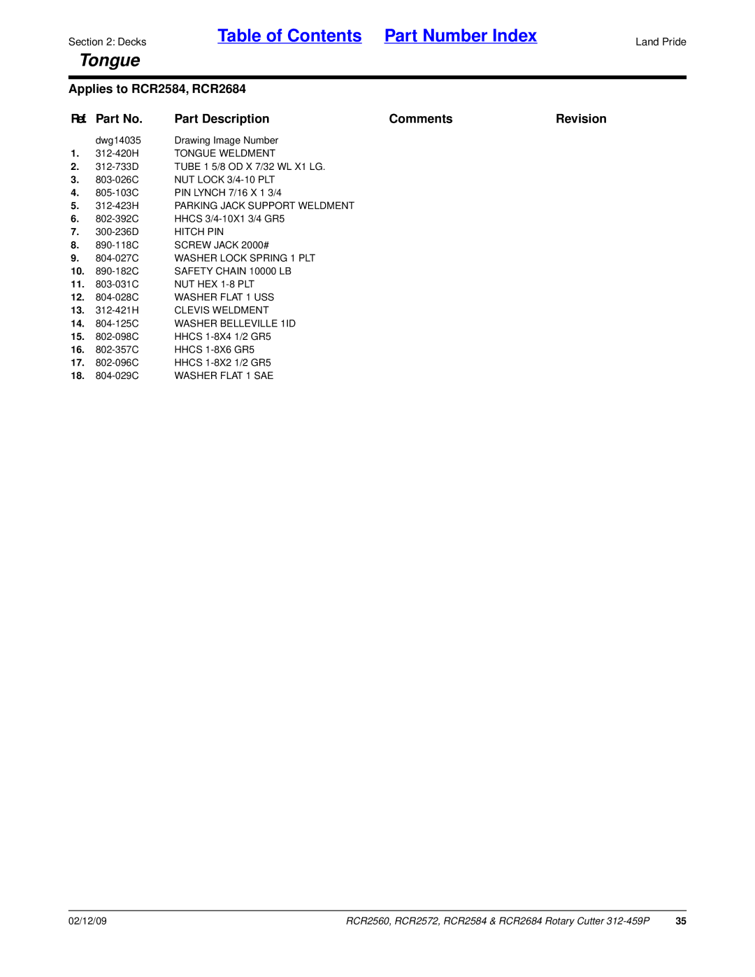 Land Pride RCR2560, RCR2684, RCR2584, RCR2572 manual 312-423H Parking Jack Support Weldment, 804-027C Washer Lock Spring 1 PLT 