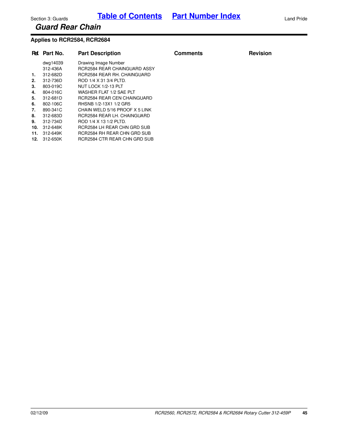 Land Pride RCR2684, RCR2572, RCR2560 manual 312-681D RCR2584 Rear CEN Chainguard, 312-683D RCR2584 Rear LH. Chainguard 