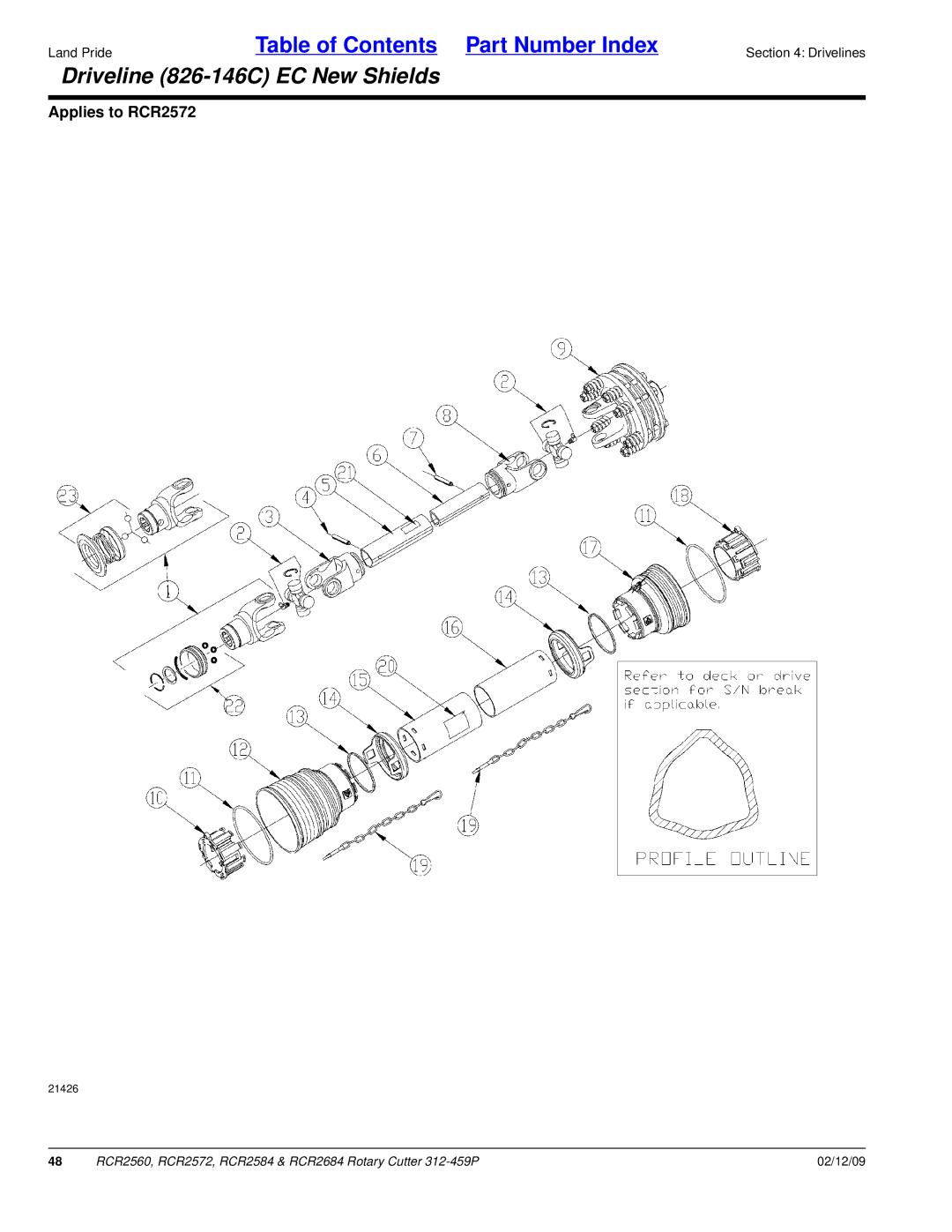 Land Pride RCR2684, RCR2584, RCR2572, RCR2560 manual Driveline 826-146C EC New Shields 